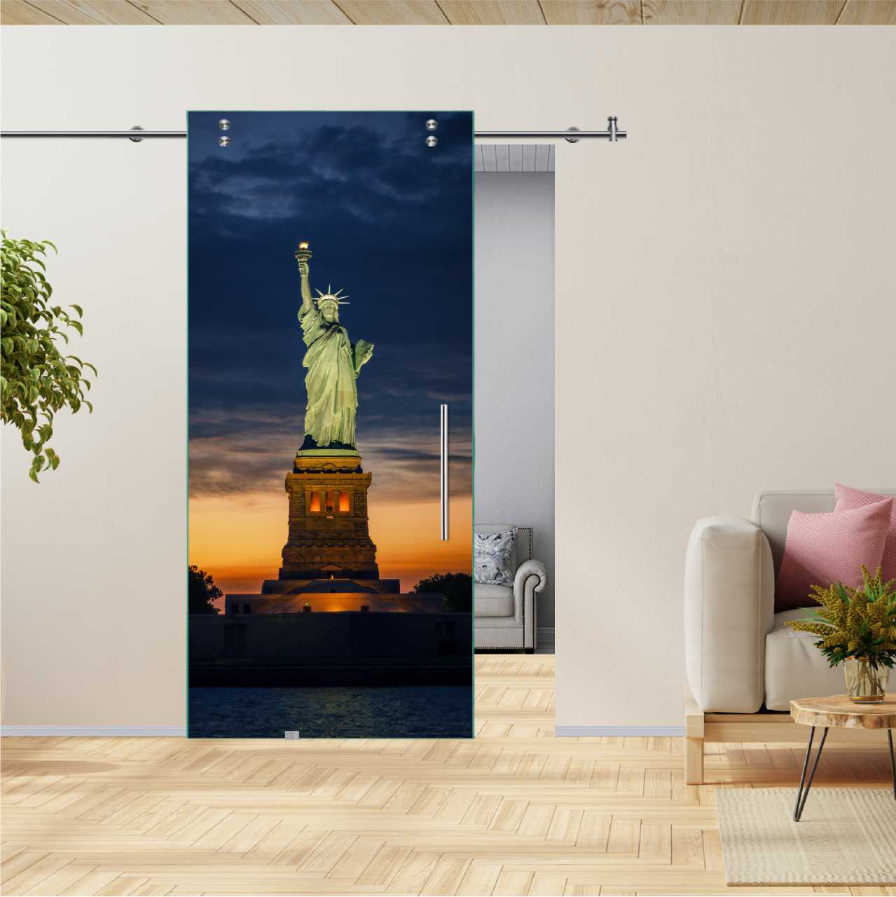 Digital Printing Sliding Barn Glass Door (Dusk in Liberty Island) V2000  DPSGD-6180