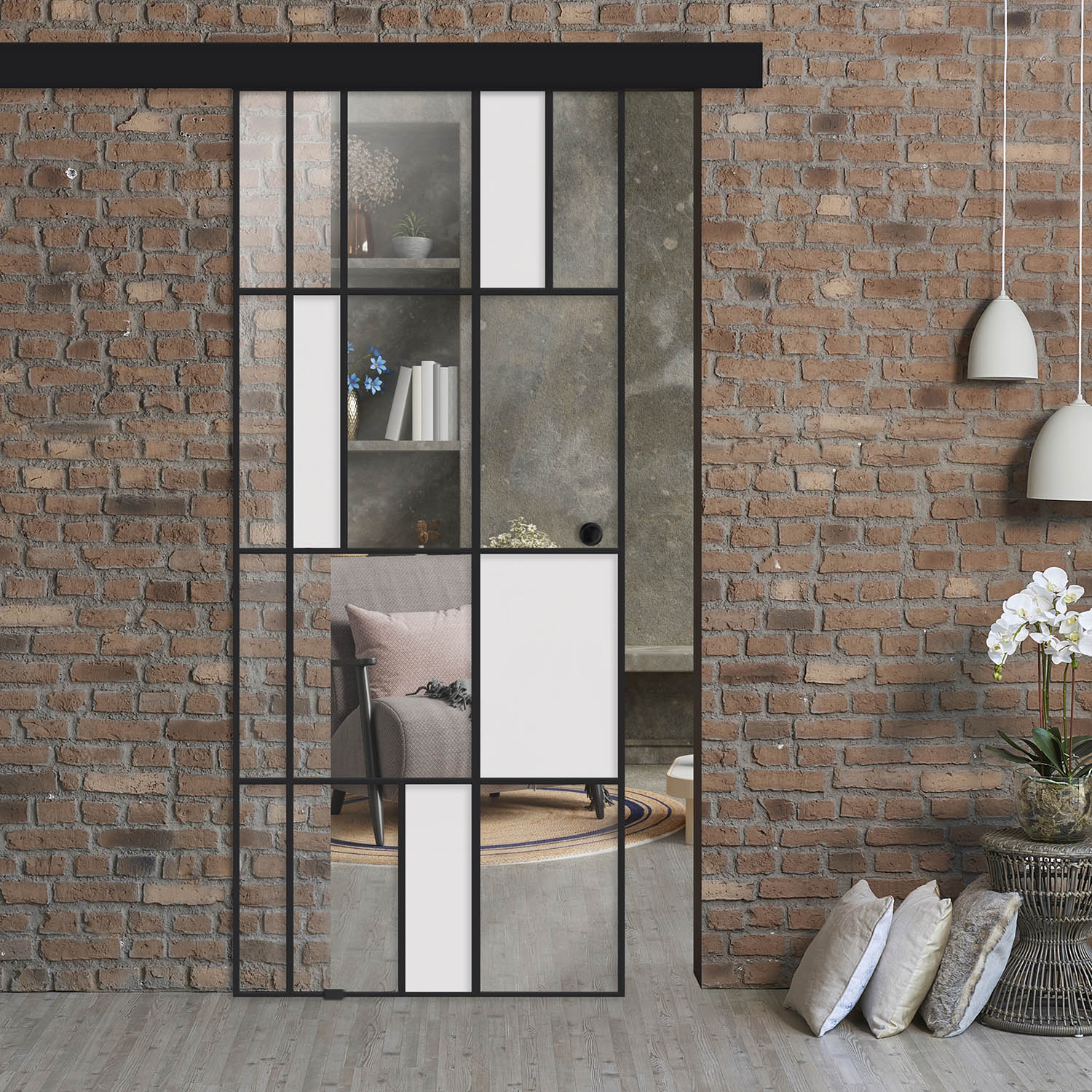 Frameless Industrial Sliding Barn Door with Black Hardware + Recessed Grip Handle (Painted Glass)
