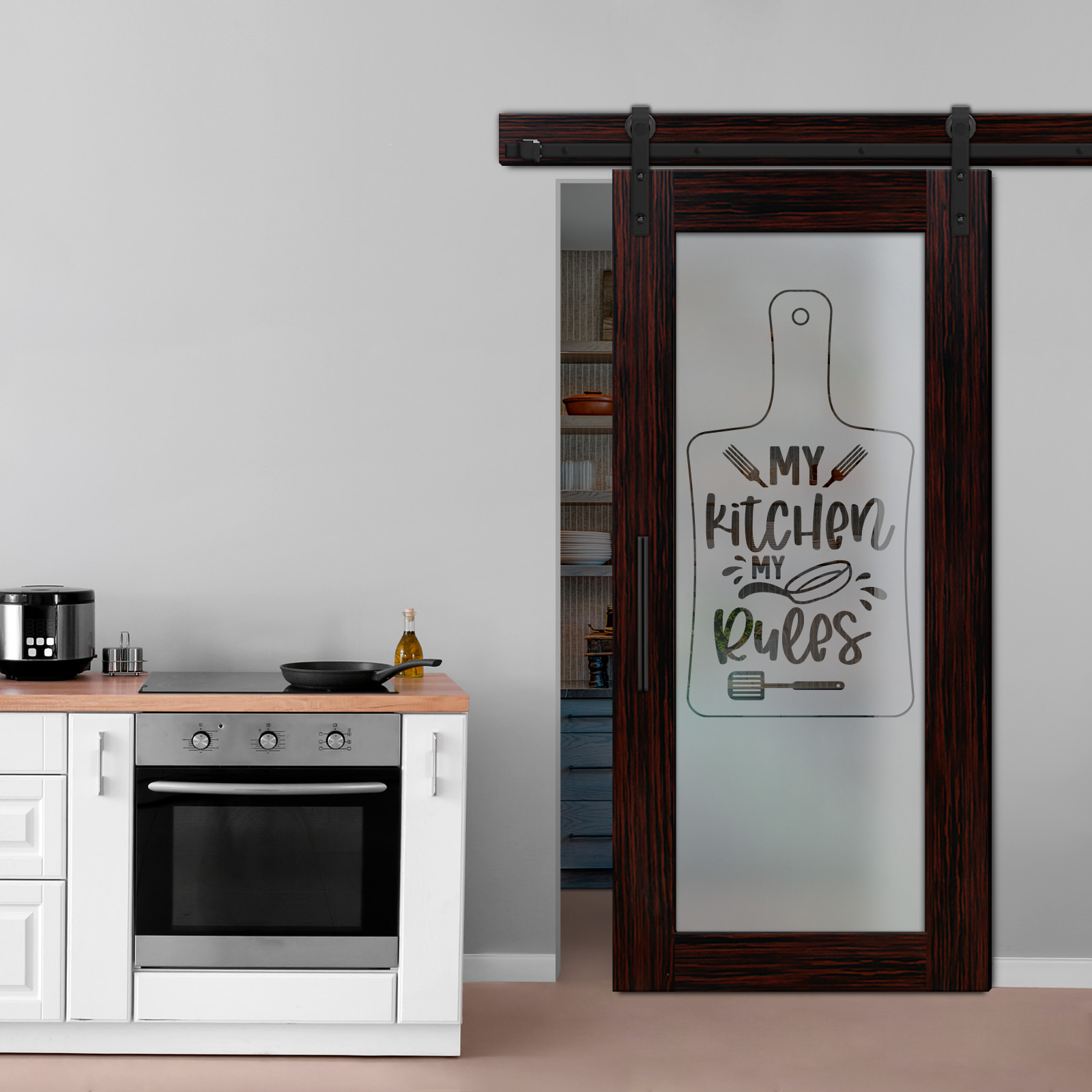 Ebony Veneered Sliding Barn Door with Glass Insert (Semi-private) T-Handle Carbon Steel 