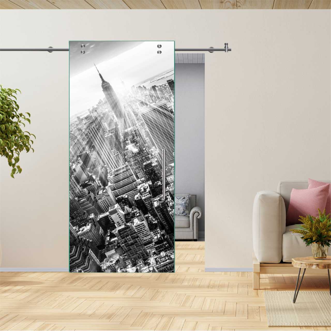 Digital Printing Sliding Barn Glass Door (New York Manhattan Empire State Building) V2000  DPSGD-6178