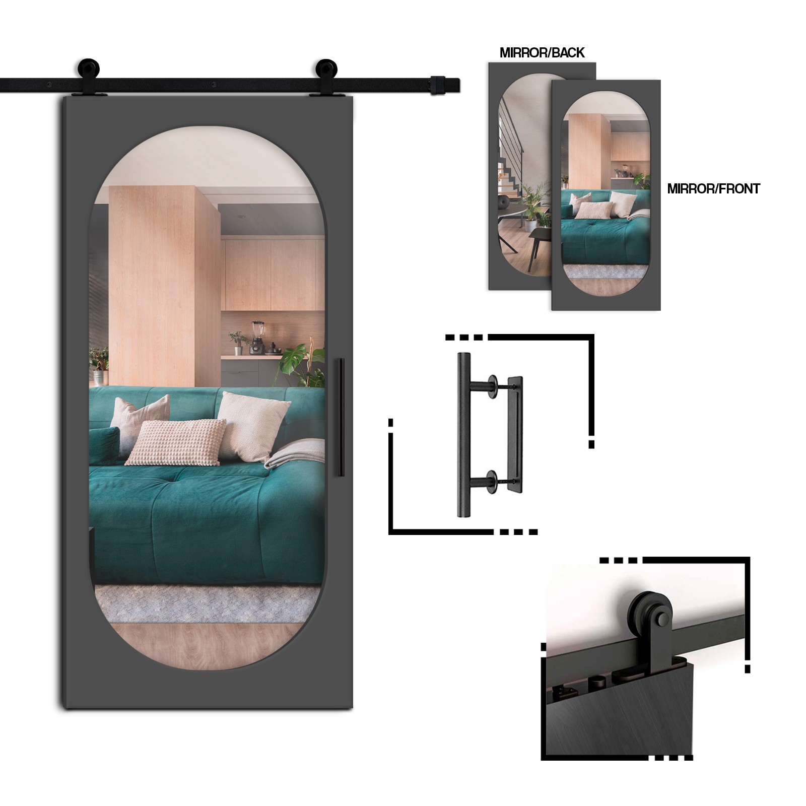 Mirror Sliding Barn Door with  Oval Shape Mirror Insert  (Carbon steel hardware) WMD-7649