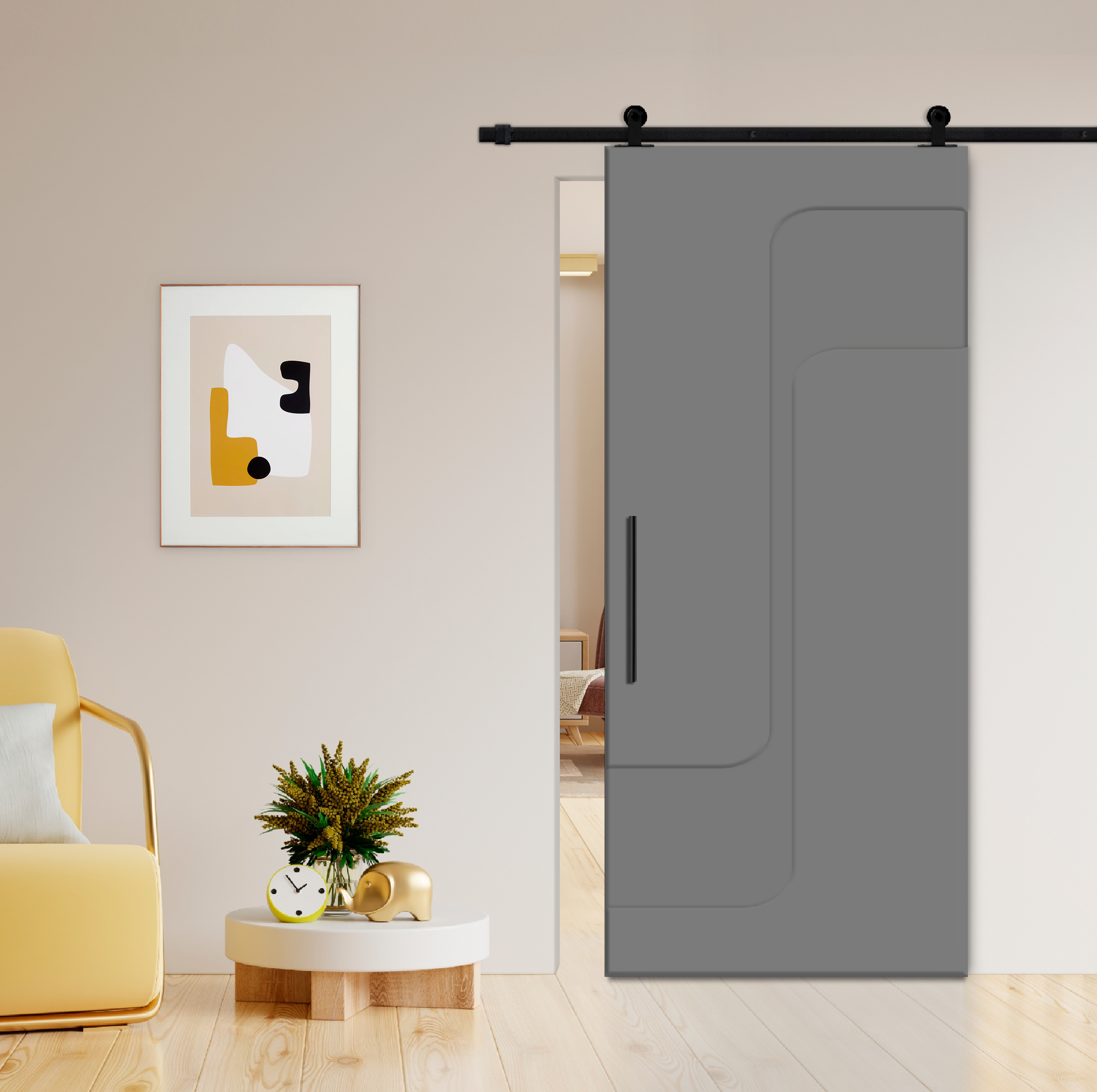 Flush Sliding Barn Door with CNC Engraving CCD-7698 Grey (Carbon steel)