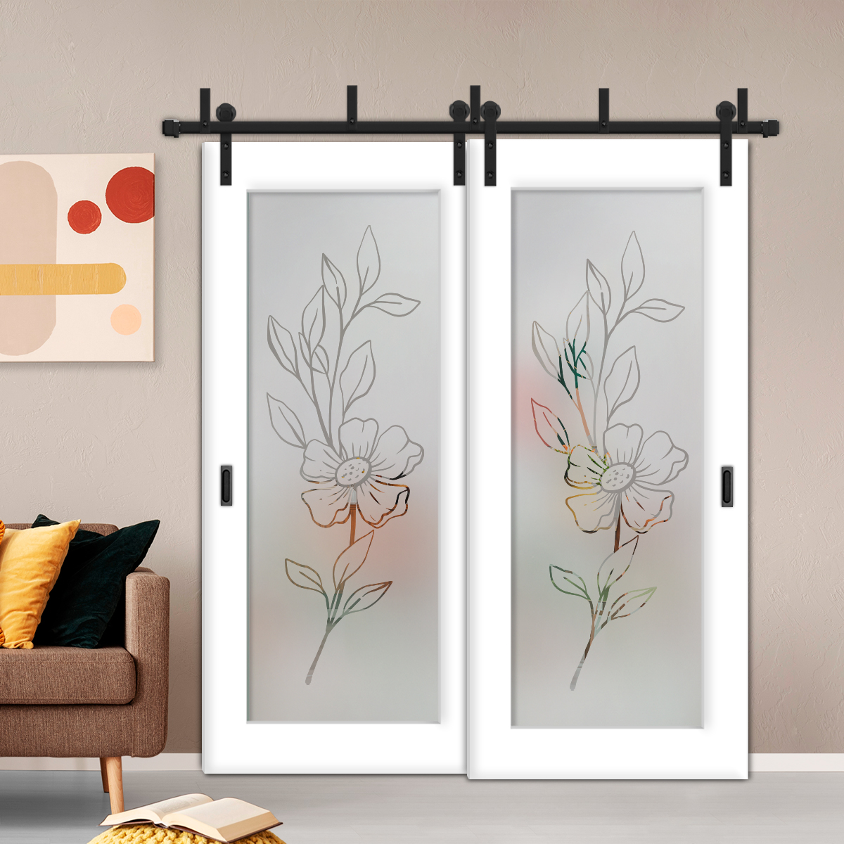 2 Leaf Sliding Barn Bypass Doors with Glass Insert BGD-4450