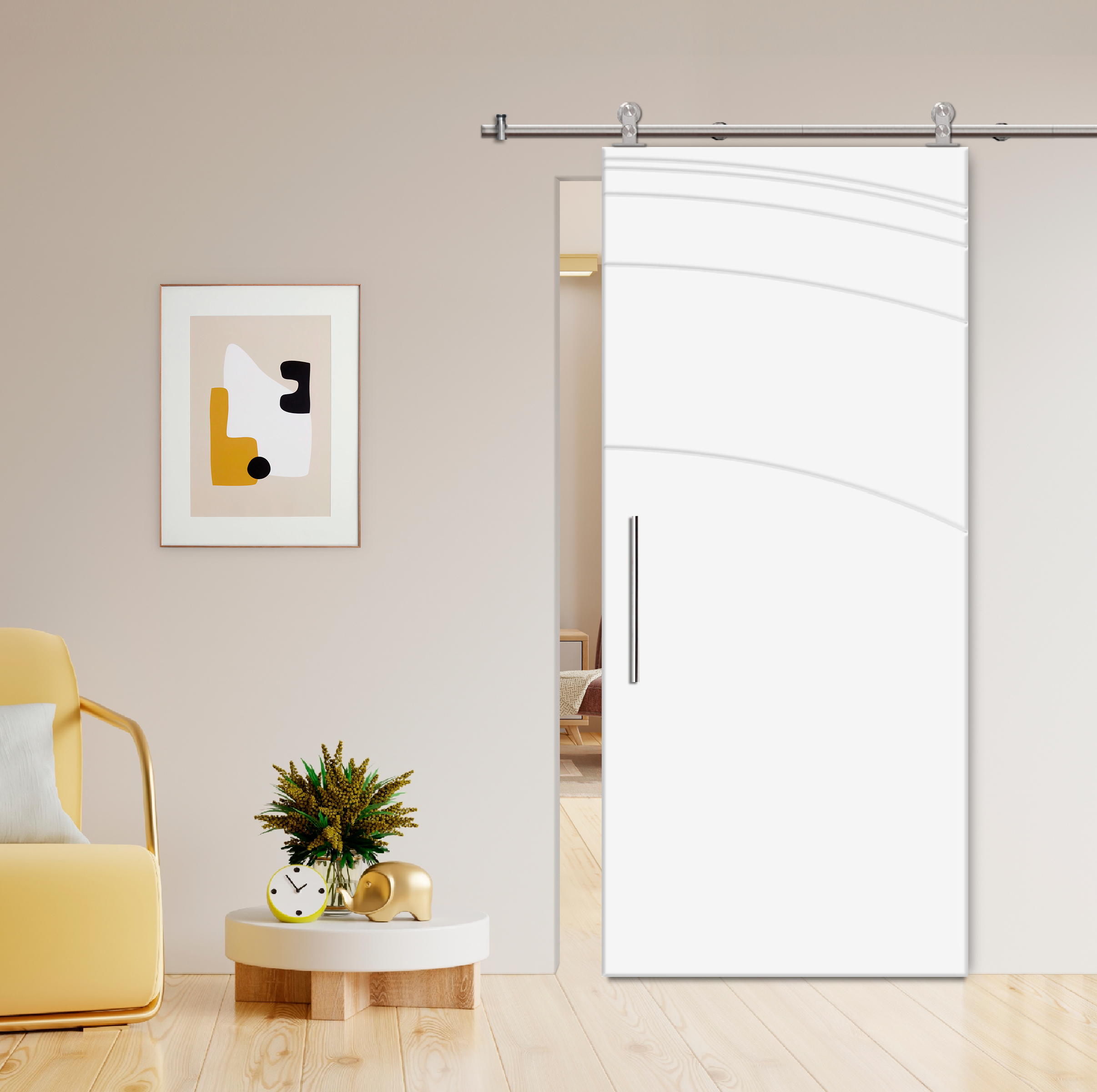 Flush Sliding Barn Door with CNC Engraving CCD-7698 White (Stainless steel)