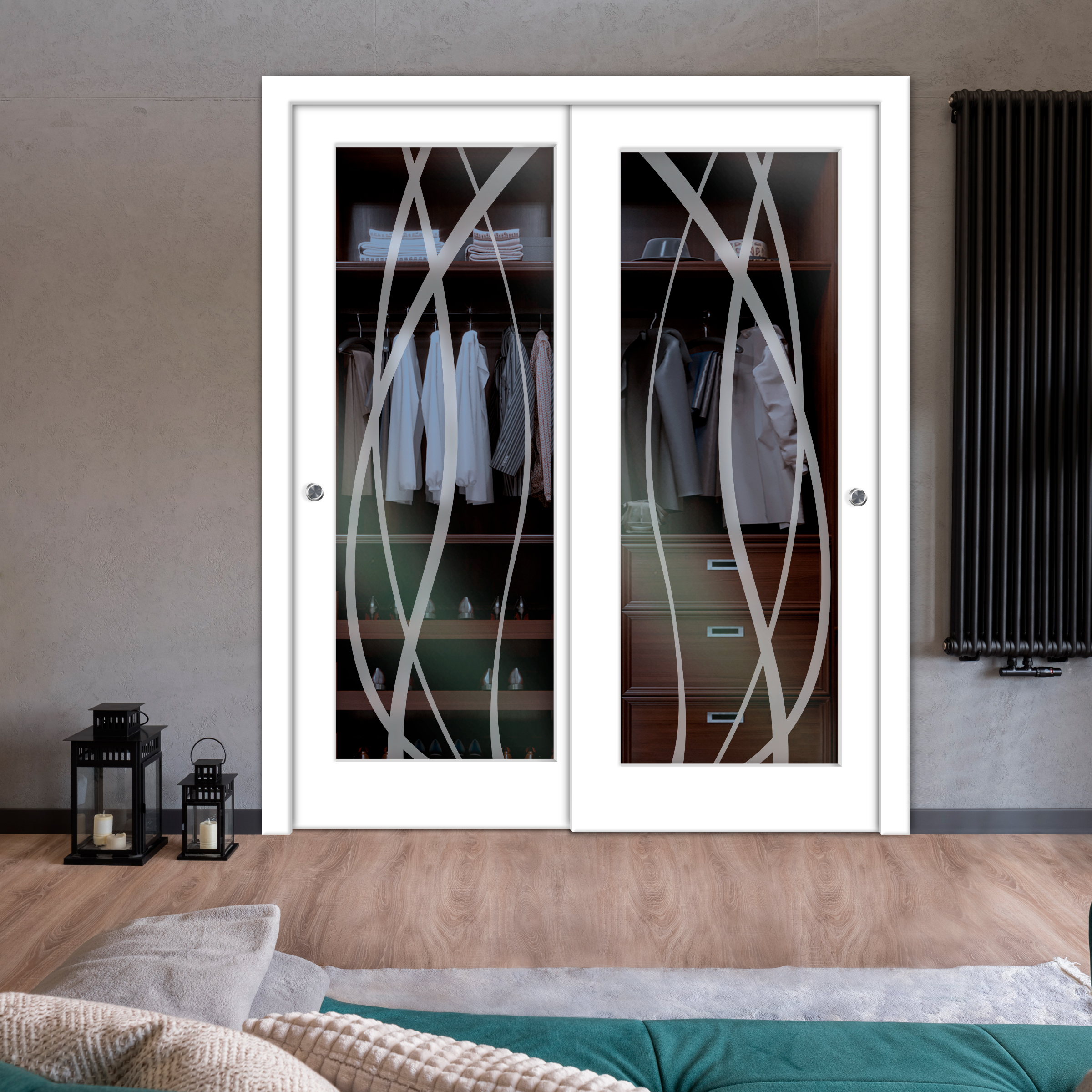 2 Leaf Premium Line Bypass Sliding Closet Door with Hardware & Frosted Design  (Non-private)