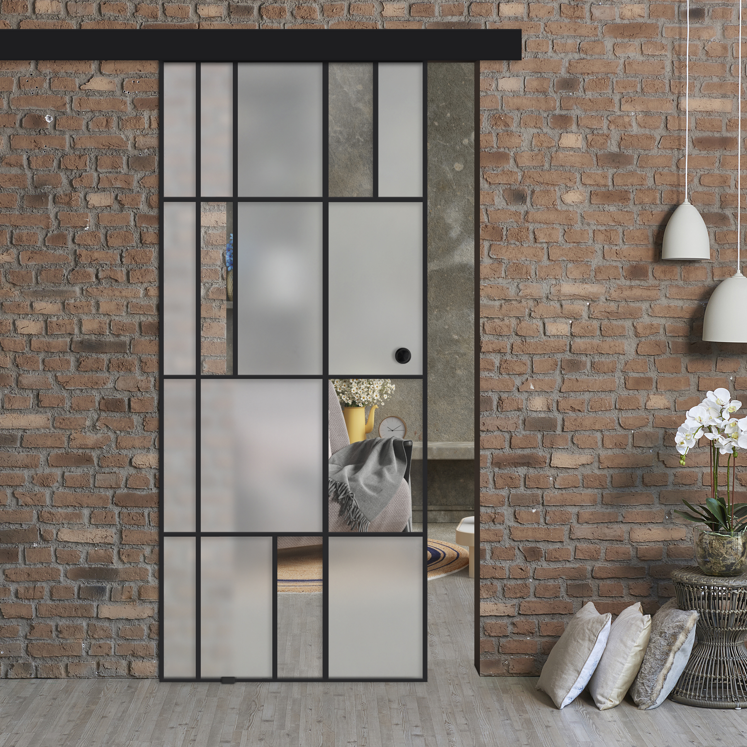 Frameless Industrial Sliding Barn Door With Black Hardware (Recessed Grip Handle)