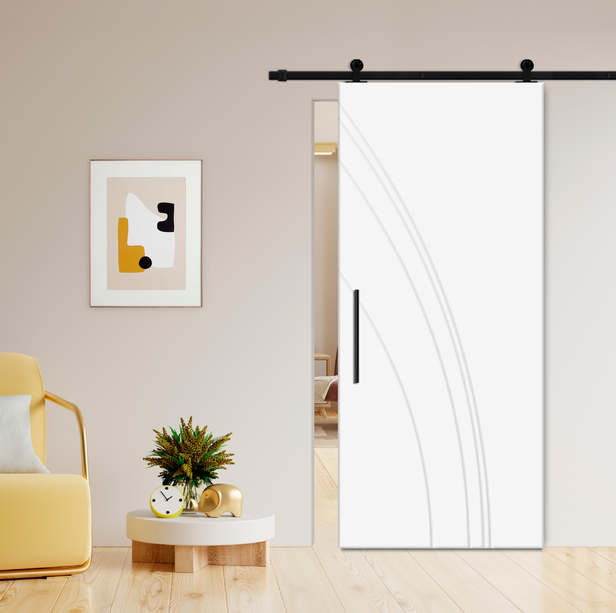 Flush Sliding Barn Door with CNC Engraving CCD-7698 White (Carbon steel)