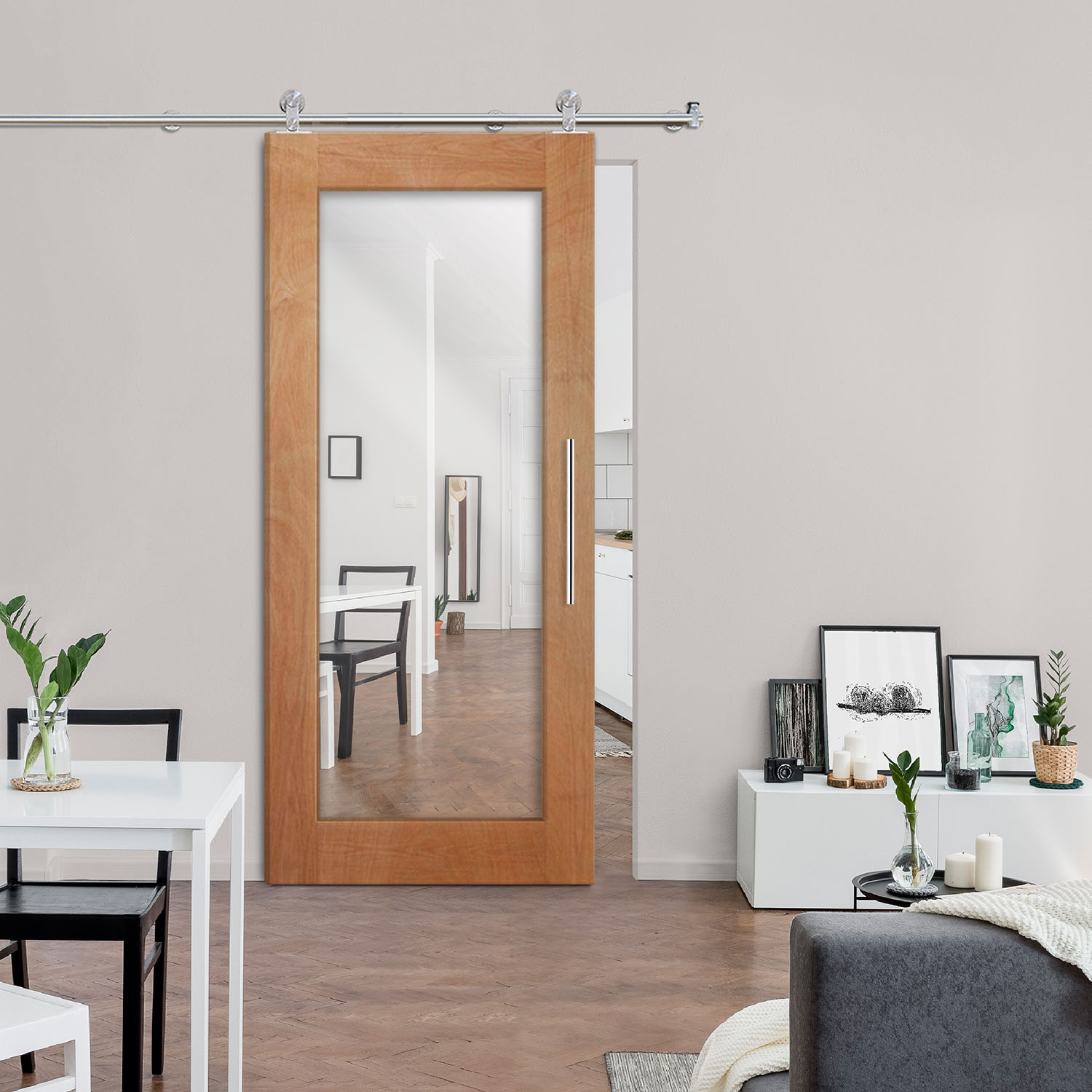 Mirror Solid Hardwood Sliding Barn Door with Mirror Insert (Stainless Steel)
