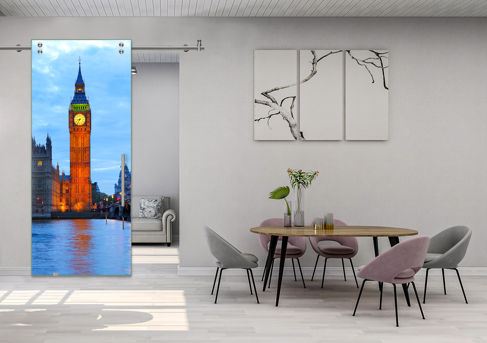 Digital Printing Sliding Barn Glass Door with Stainless Steel Hardware & T-handle (London- Big Ben)