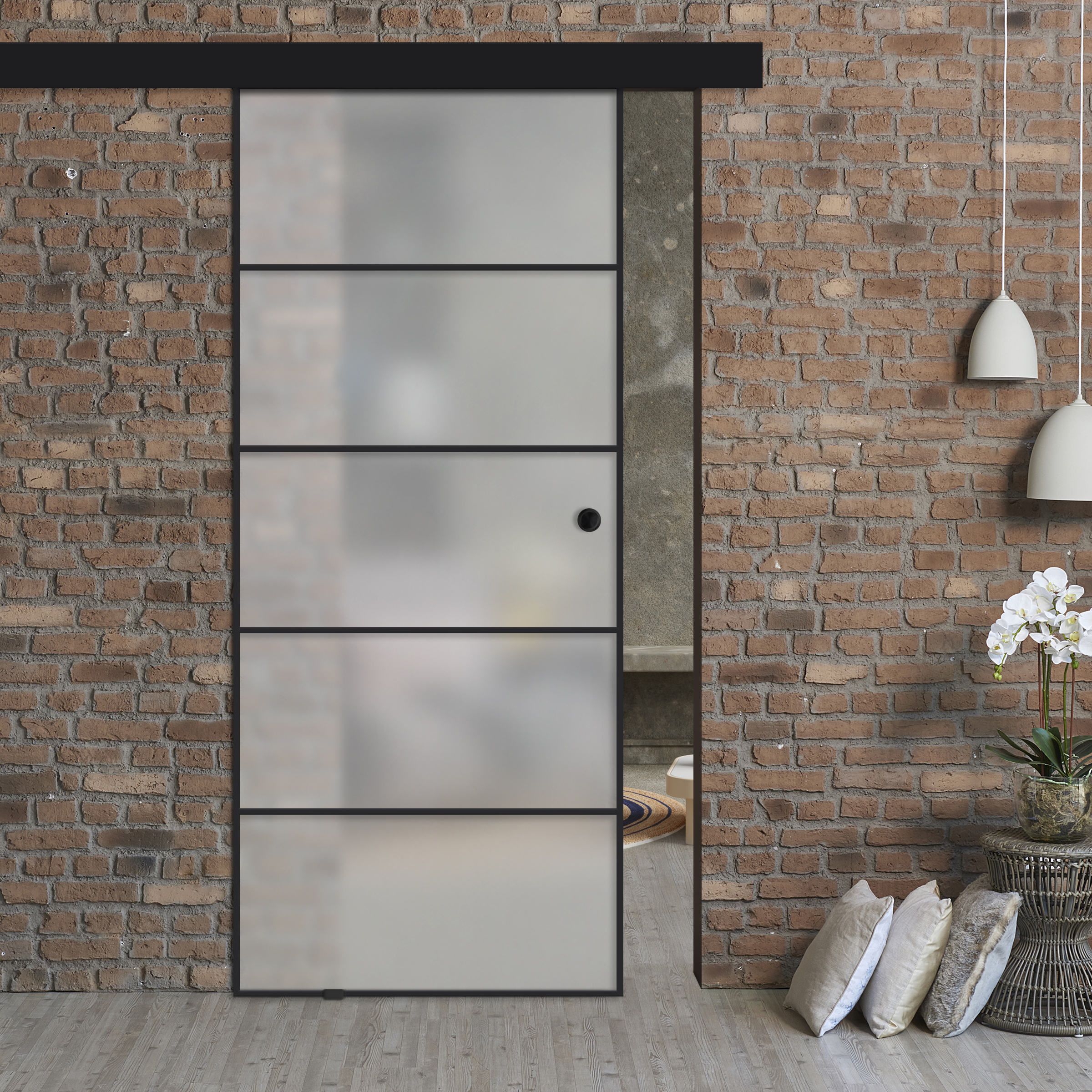 Frameless Industrial Sliding Barn Door with Black Hardware (Recessed Grip Handle)