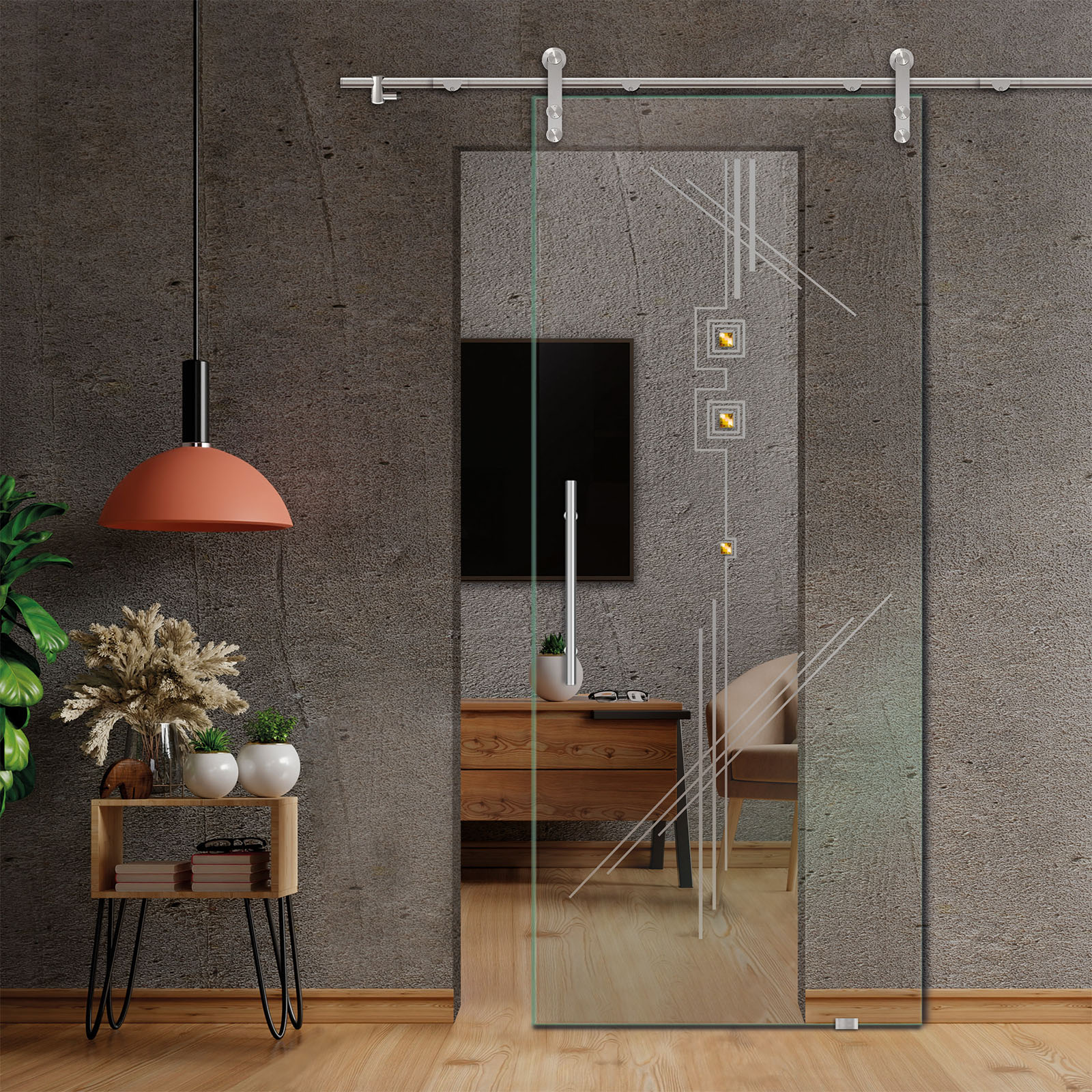 Sliding Glass Barn Door (Non-private) + Faceted Stones