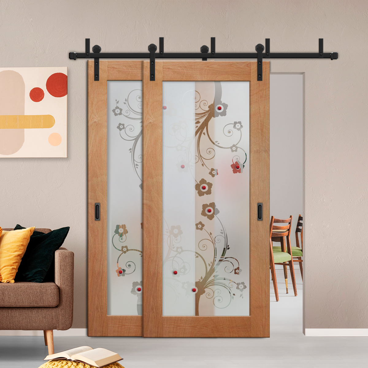2 Leaf Sliding Barn Bypass Doors with Glass Insert (Semi private)