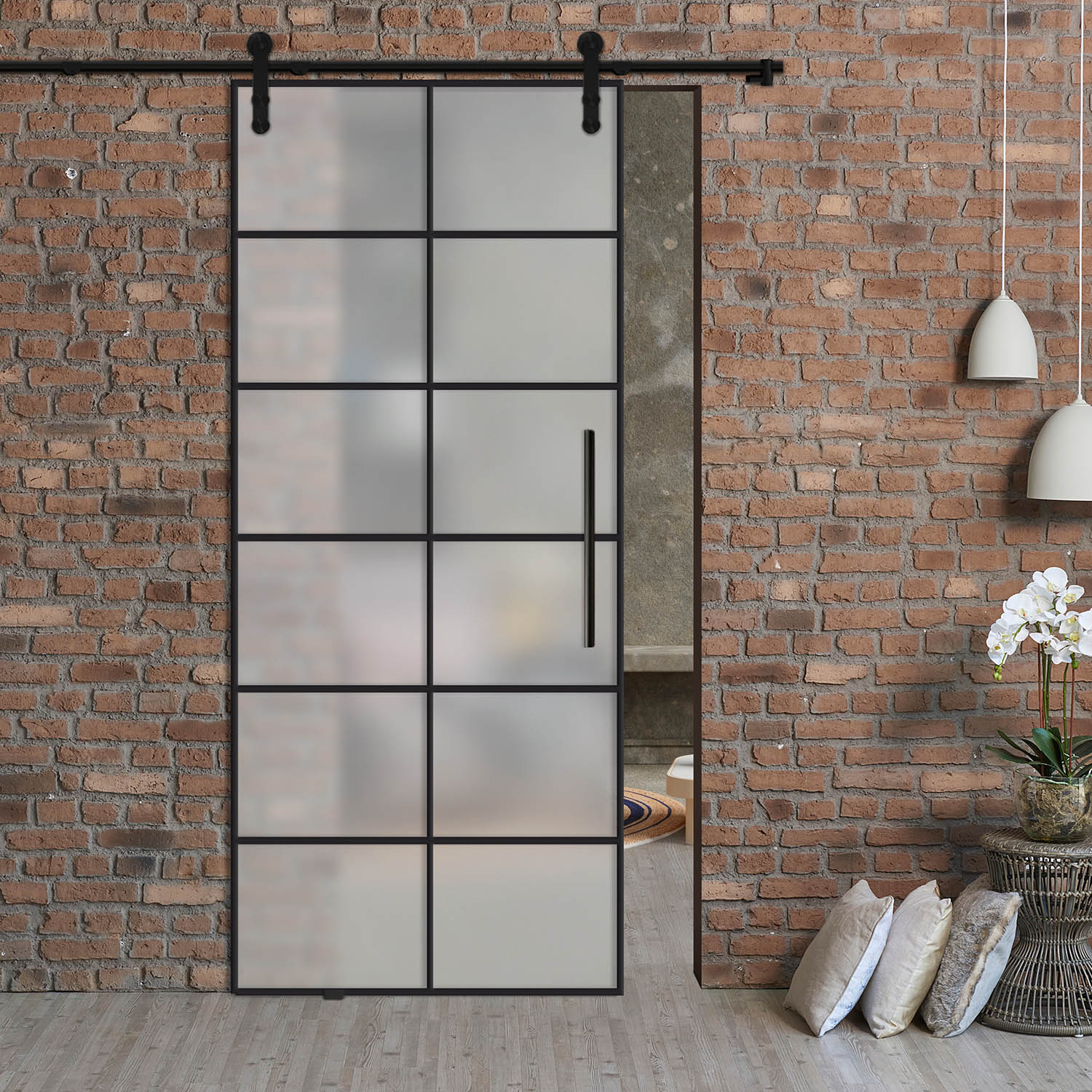Frameless Industrial Sliding Glass Barn Door with Black Hardware (T Handle Bar)