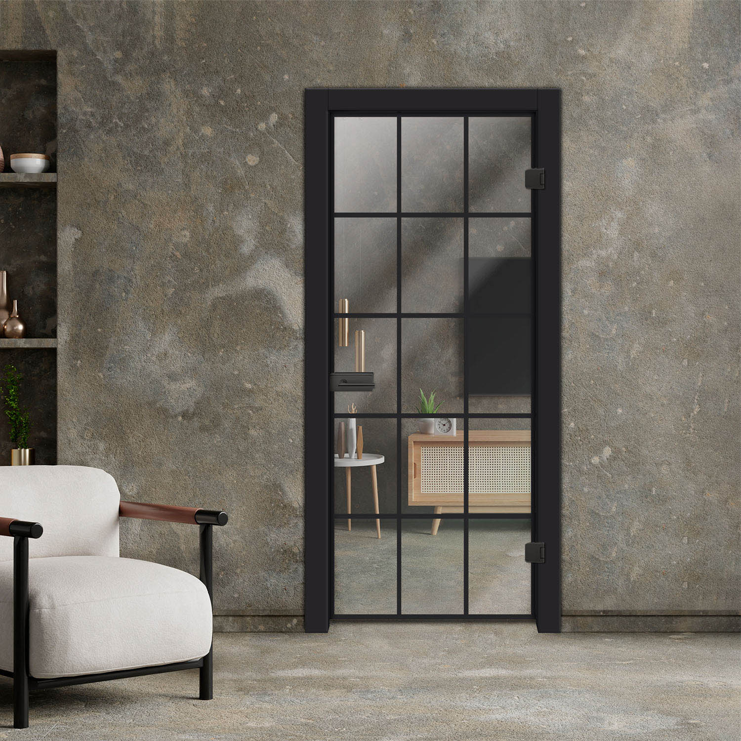 Industrial Hinged Glass Door + Black Hinges Junior & Oval Office Lock (Non-Private)