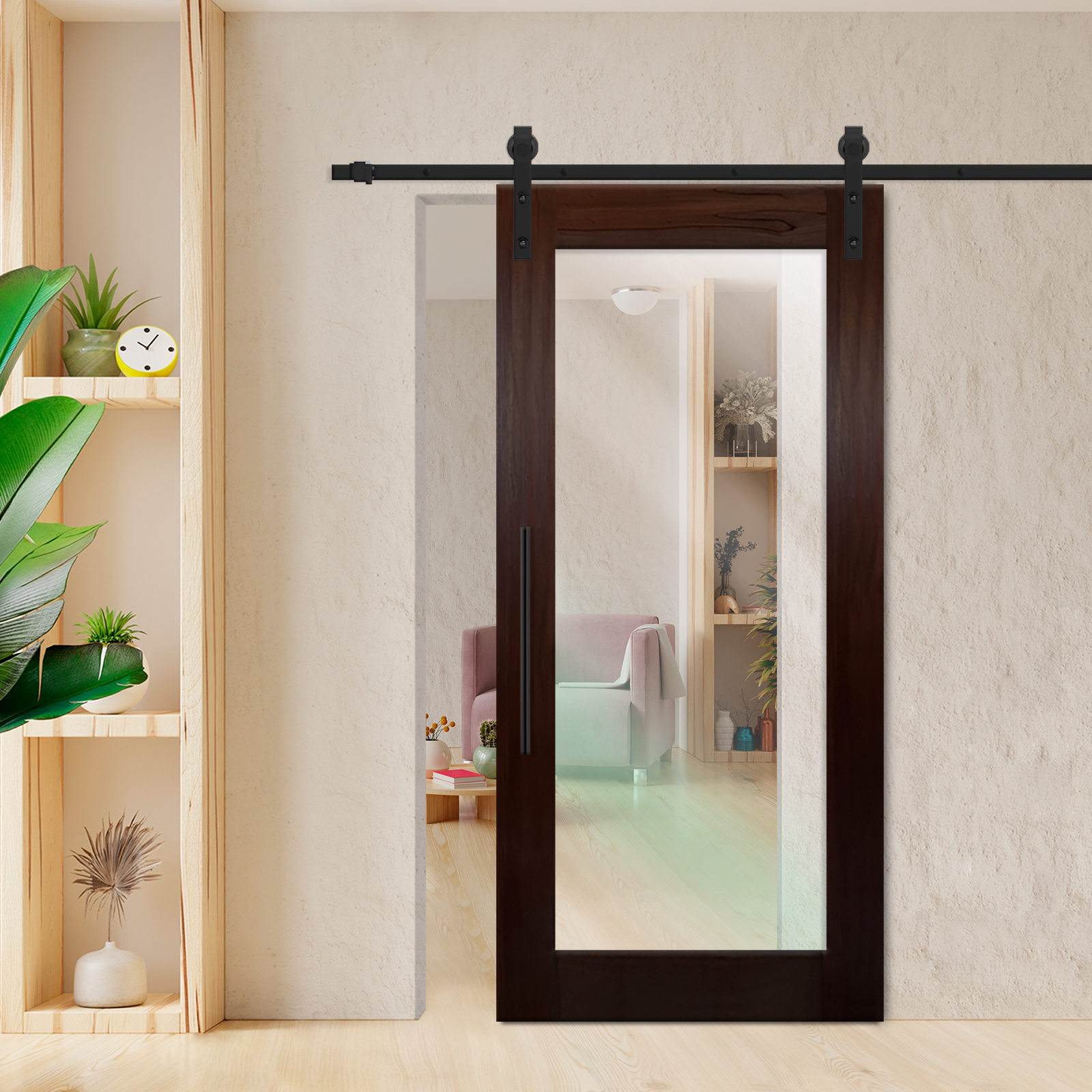 Solid mahogany wood door with glass insert (clear glass) and carbon steel sliding system