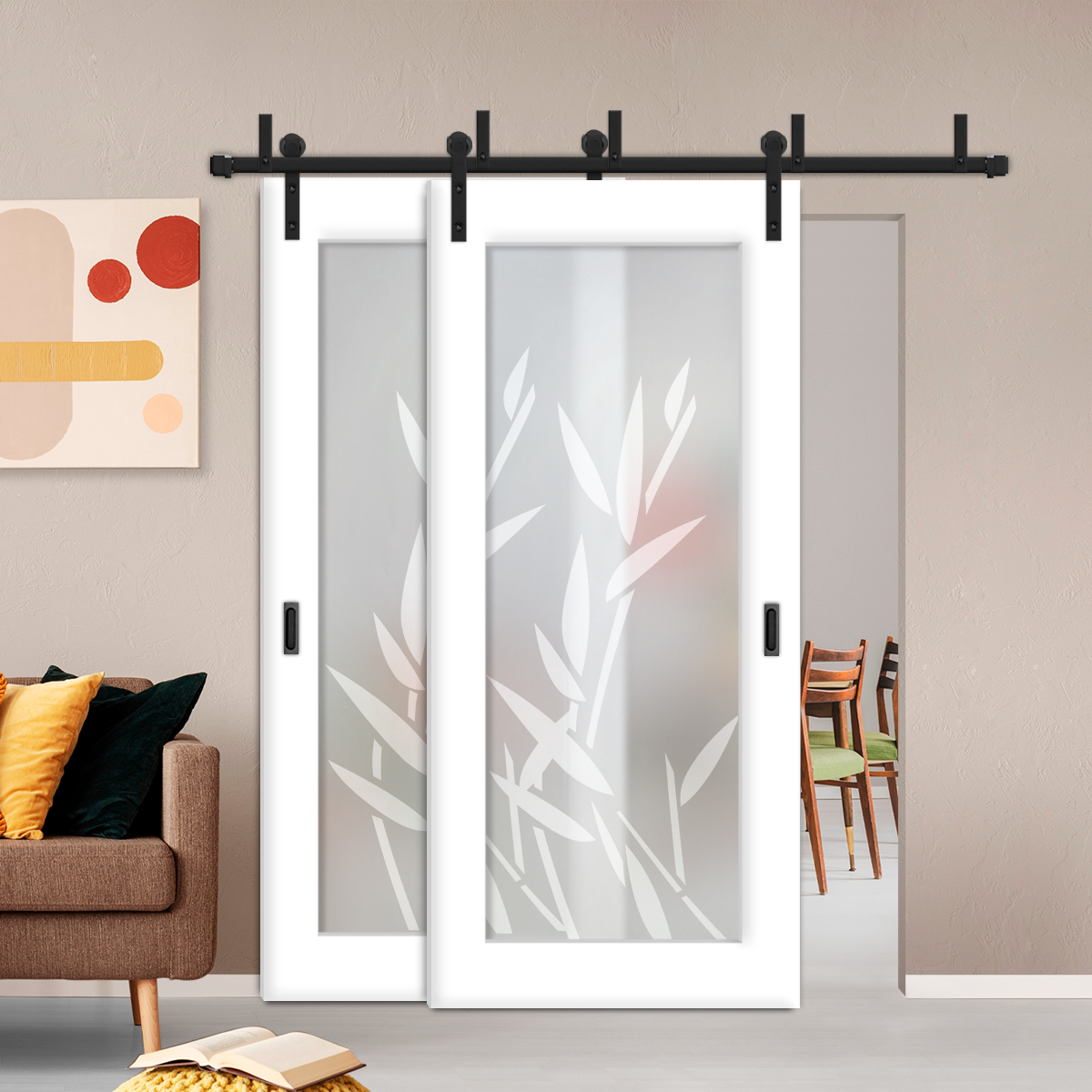 2 Leaf Sliding Barn Bypass Doors with Glass Insert (Full private)