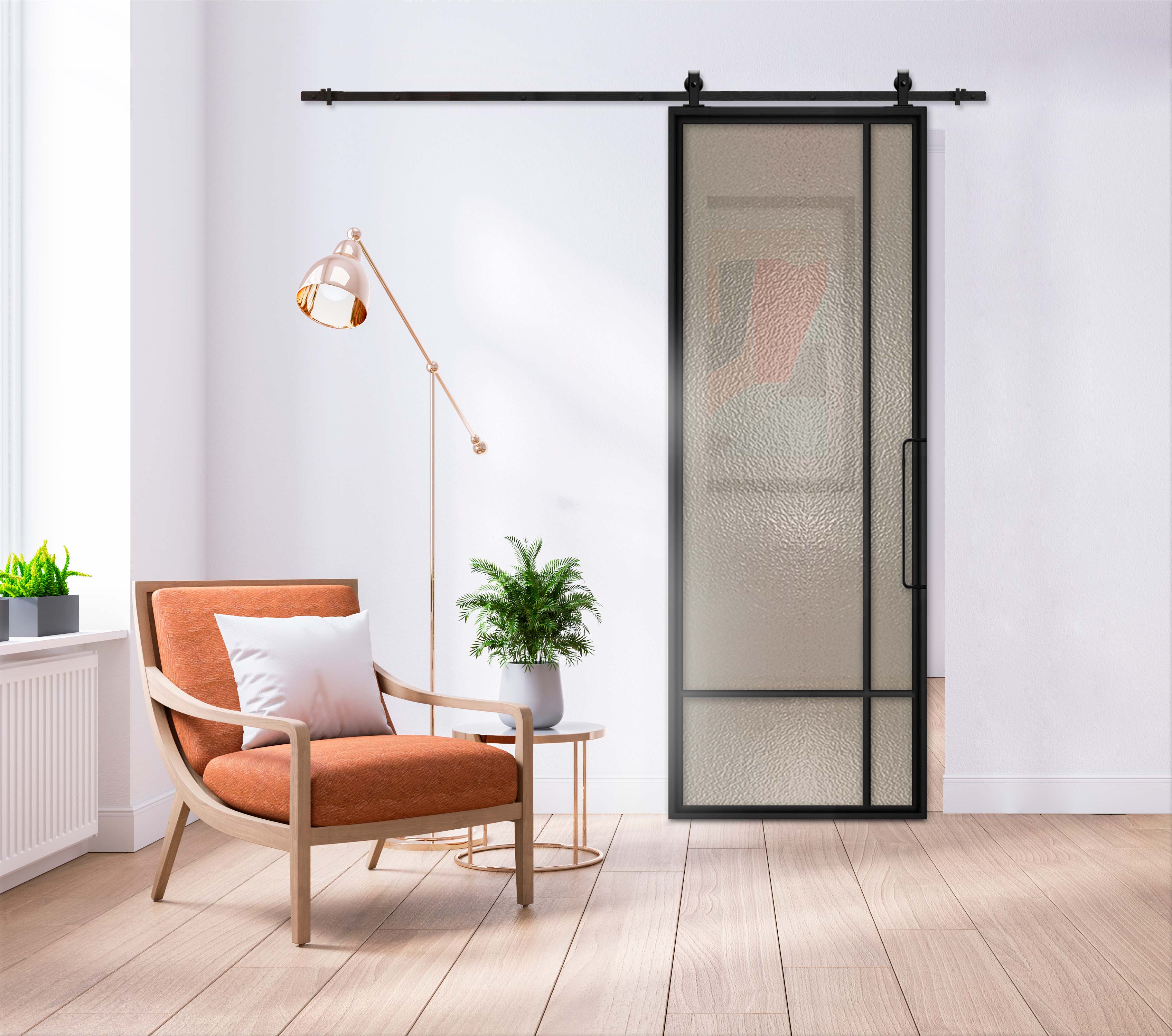 Metal Frame High Sierra Sliding Barn Door (Hammered Glass)