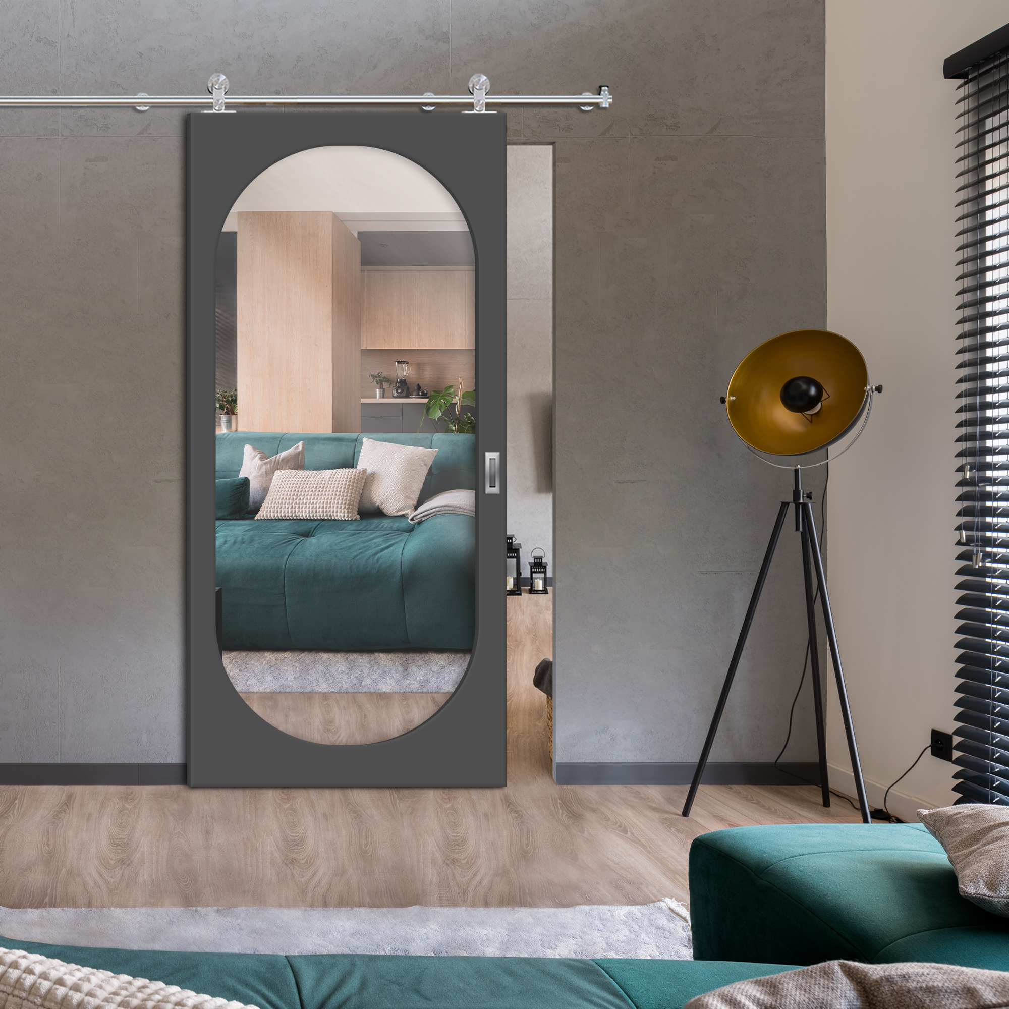 Mirror Sliding Barn Door with  Oval Shape Mirror Insert  (Stainlees steel hardware) WMD-7649