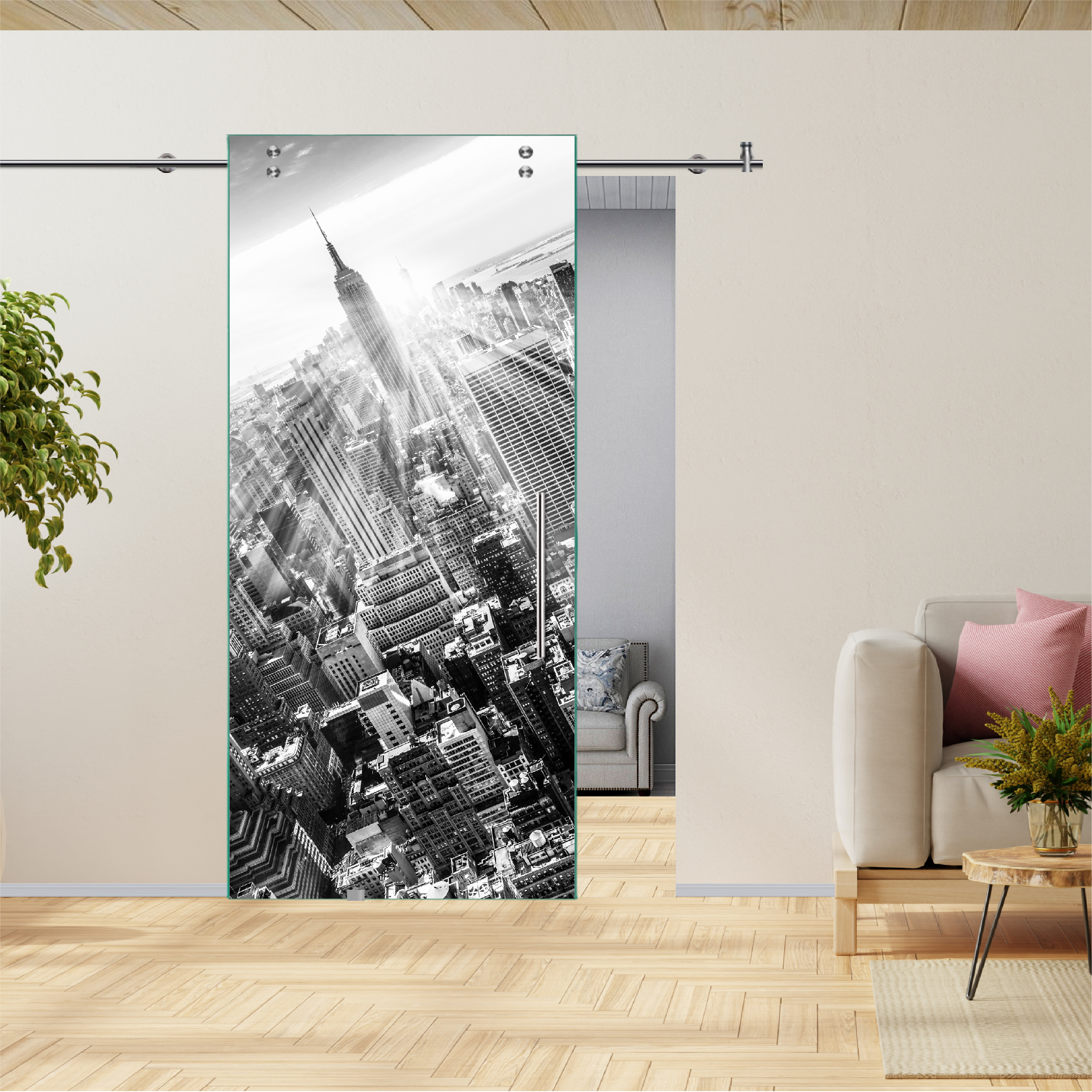 Digital Printing Sliding Barn Glass Door with Stainless Steel Hardware & T-handle (New York Manhattan Empire State Building)