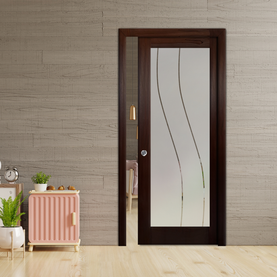 Glass Barn Door- Wood Type Mahogany (Semi-Private)_Recessed Grip Handle
