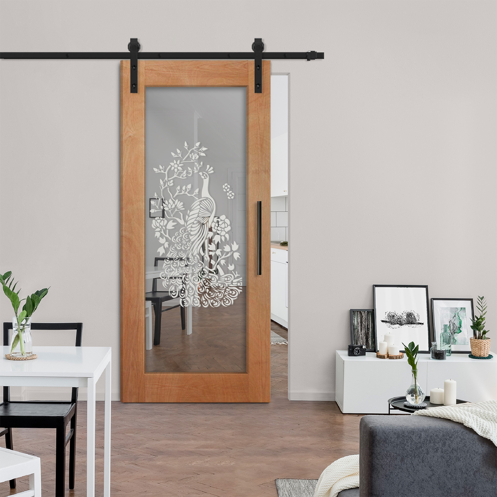 Premium Hardwood Sliding Barn Door with Mirror & Frosted Designs Soilid Wood (Carbon Steel)