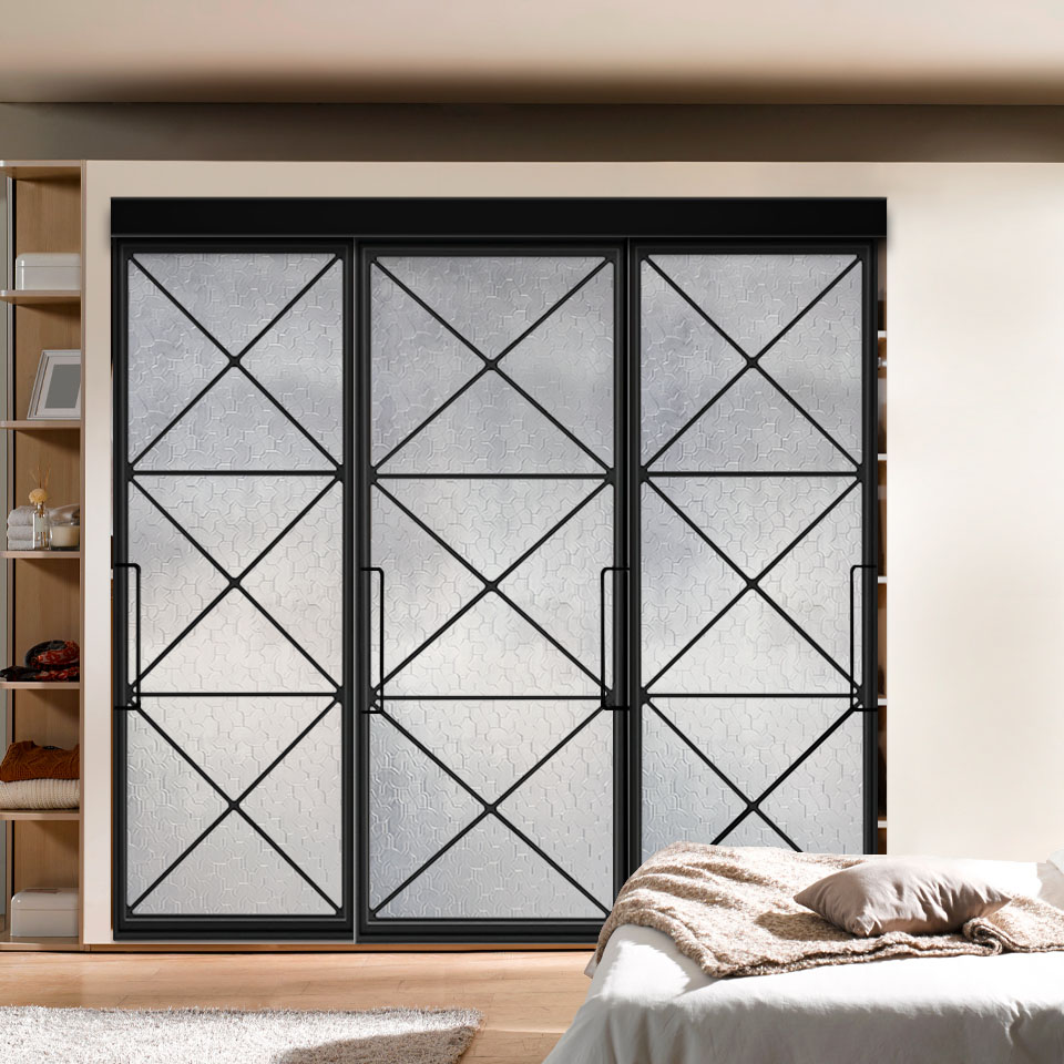 Metal Frame 3 Leaf Sliding Bypass Closet Glass Door with Hardware (Karatachi Textured)