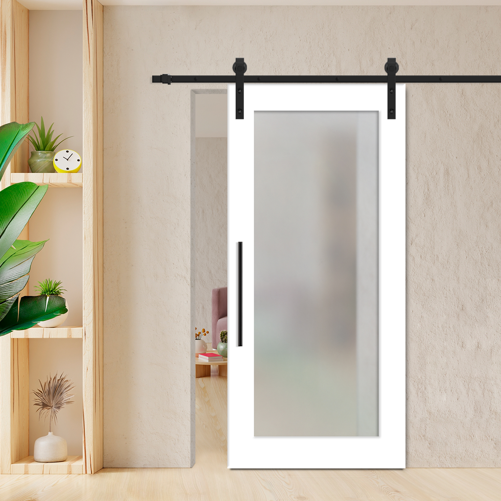 1 Lite Sliding Barn Door with Glass Insert (Carbon Steel Hardware - Full Private)