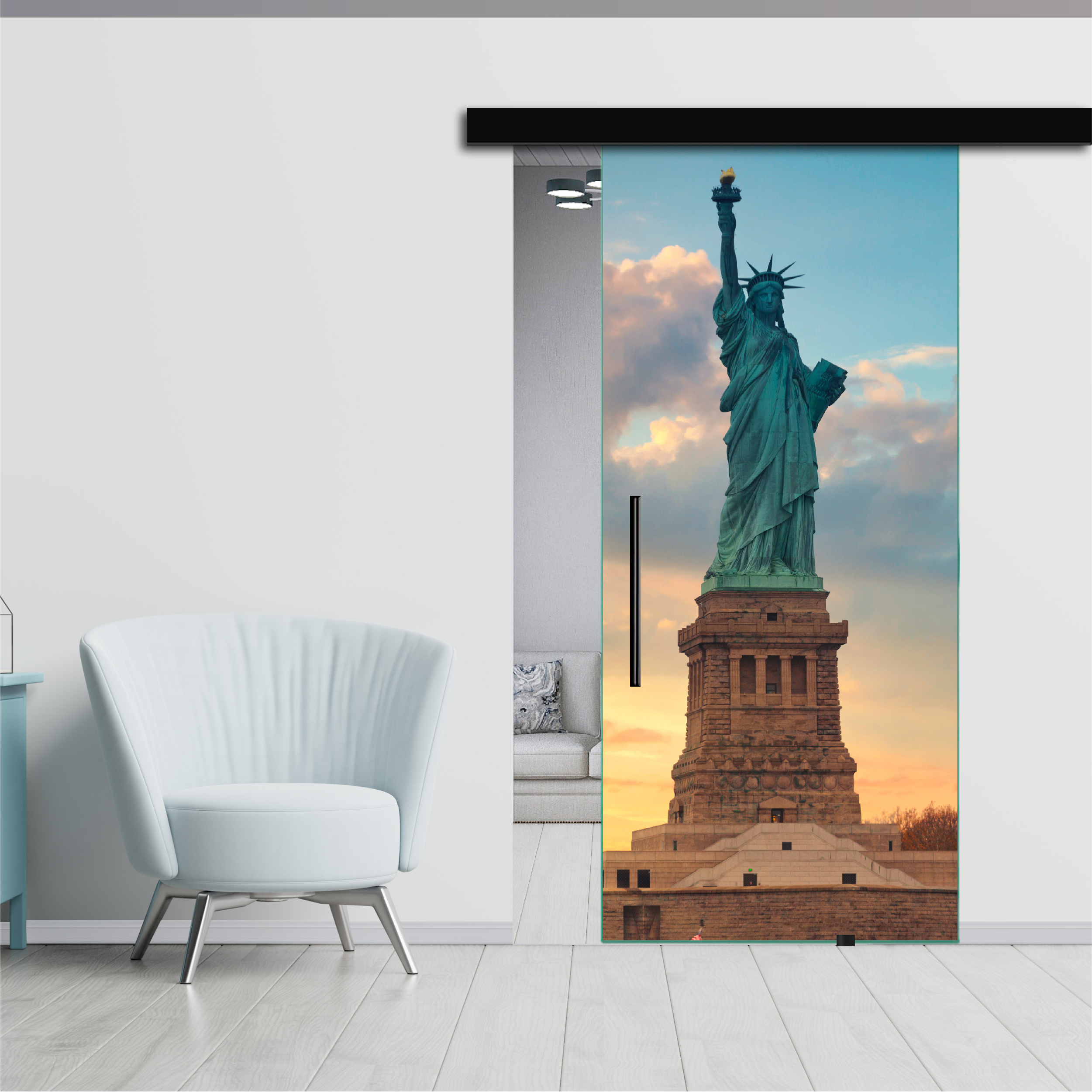 Frameless Sliding Glass Barn Door with Digital Printing + Black Hardware (T-Handle)