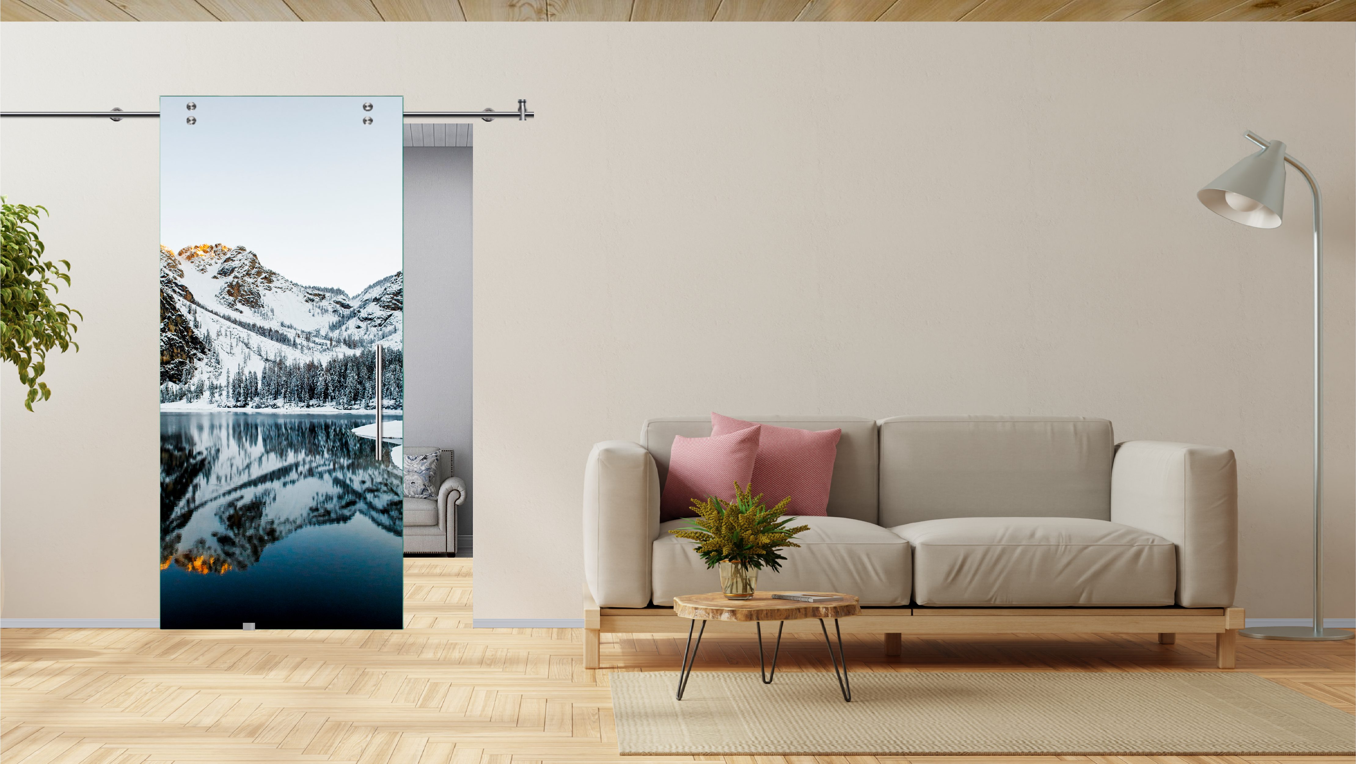 Digital Printing Sliding Barn Glass Door with Stainless Steel Hardware & T-handle (Braies Lake)