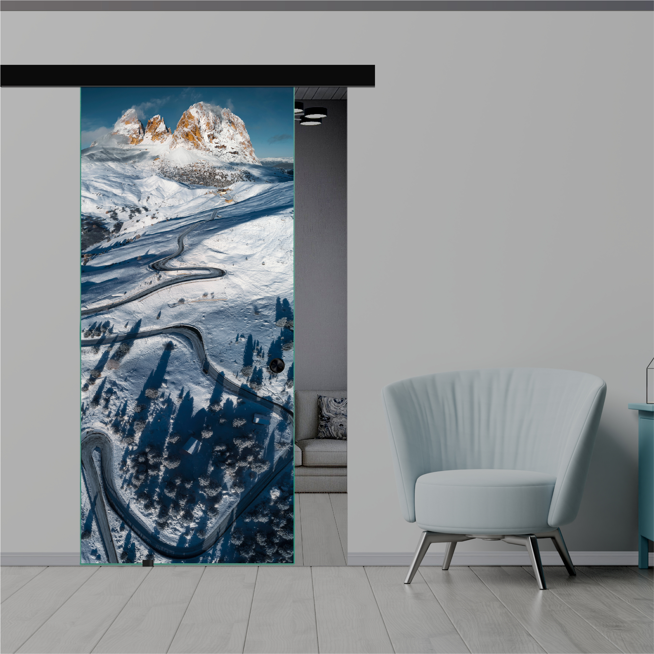  Frameless Sliding Glass Barn Door with Digital Printing + Black Hardware (Recessed Grip)