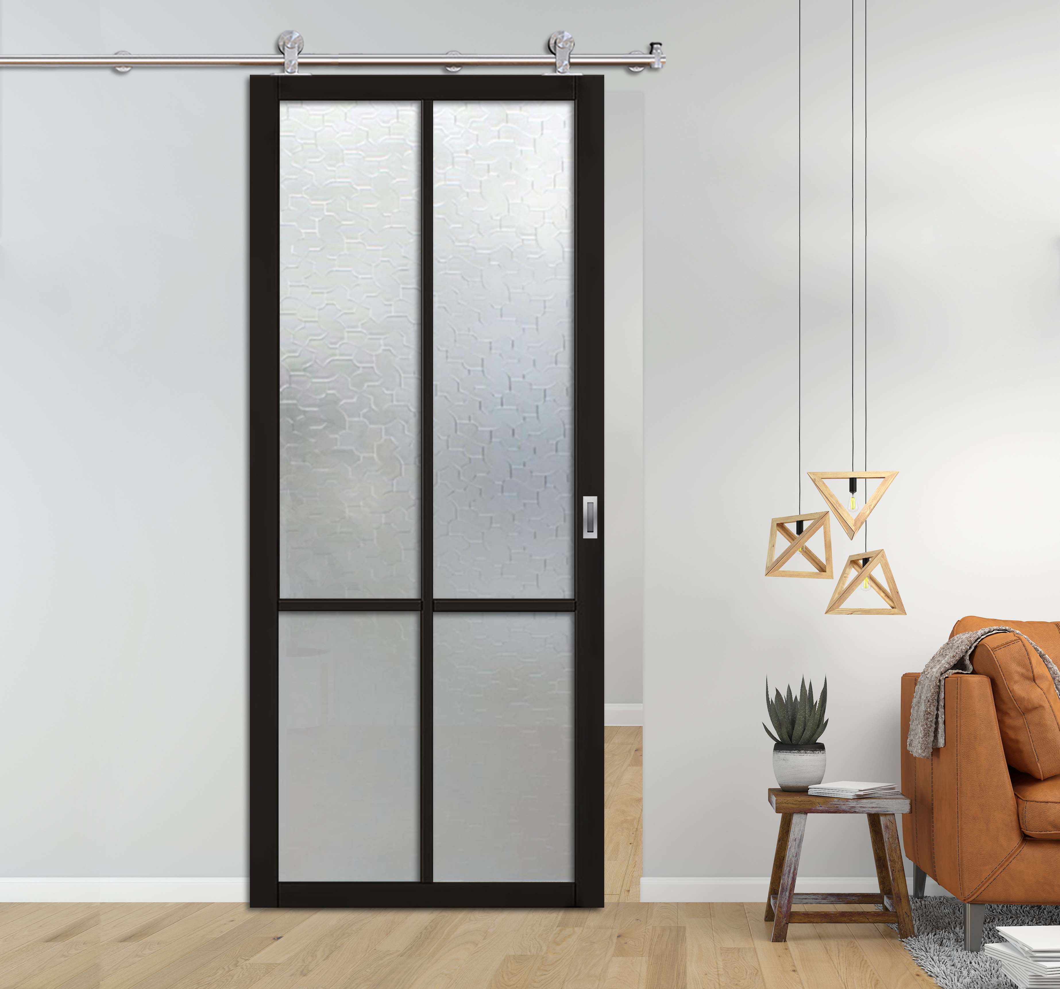 Loft Style Sliding Barn Door with Karatachi Glass Panels, Stainless Steel Hardware & Rectangular Grip Handle 