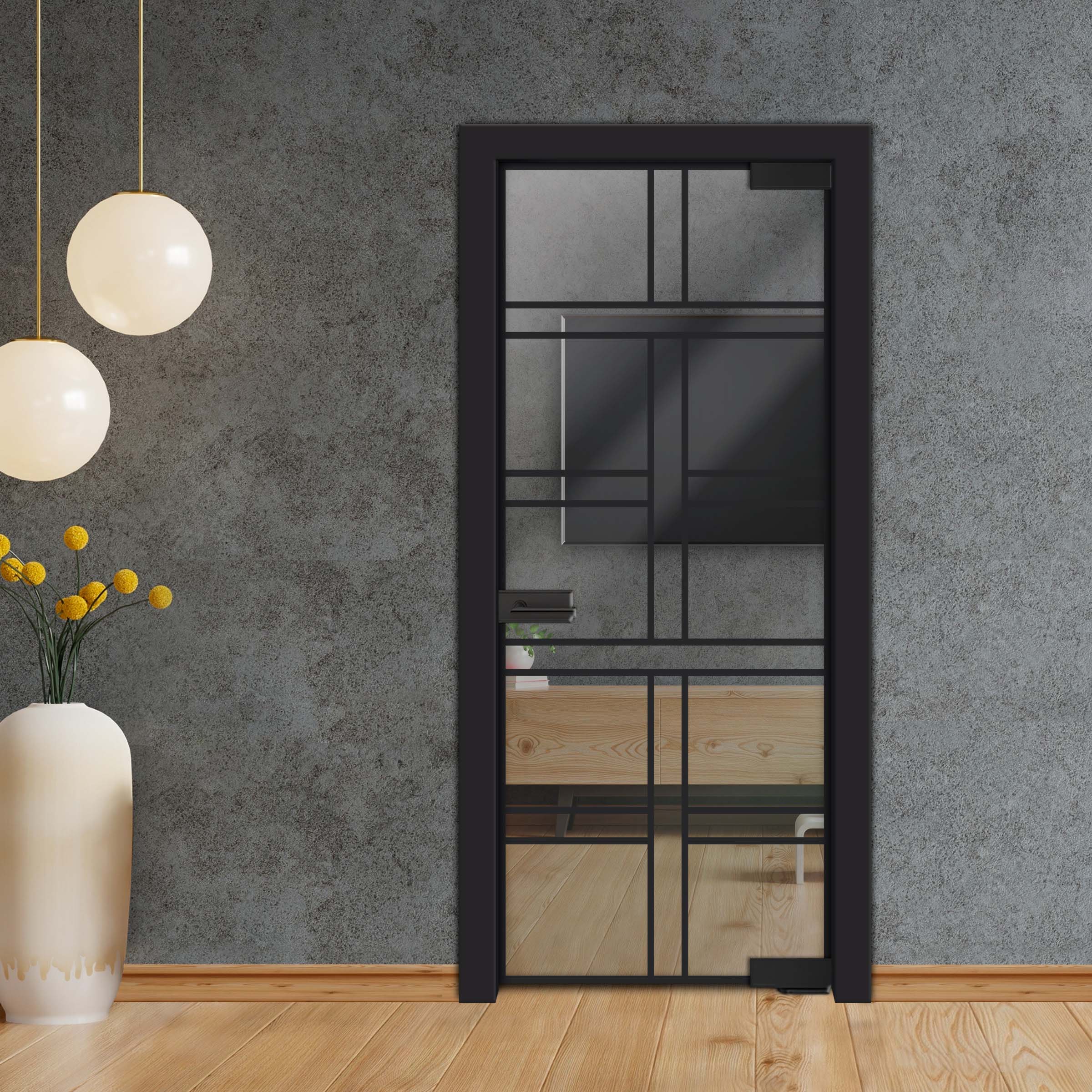 Frameless Industrial Pivot Glass Door (Black Hardware Complete Kit) PGLF-4145
