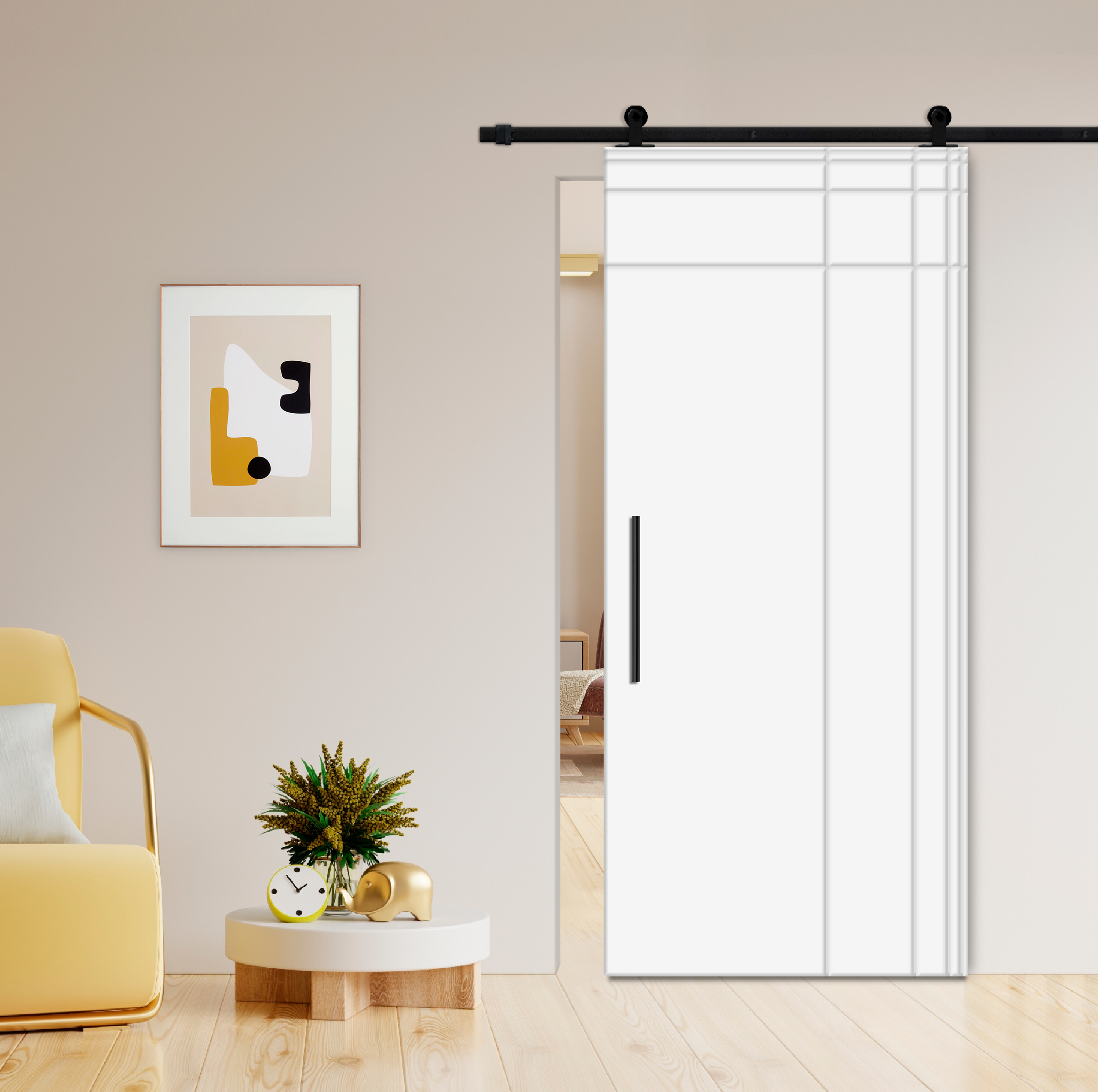 Flush Sliding Barn Door with CNC Engraving CCD-7698 White (Carbon steel)