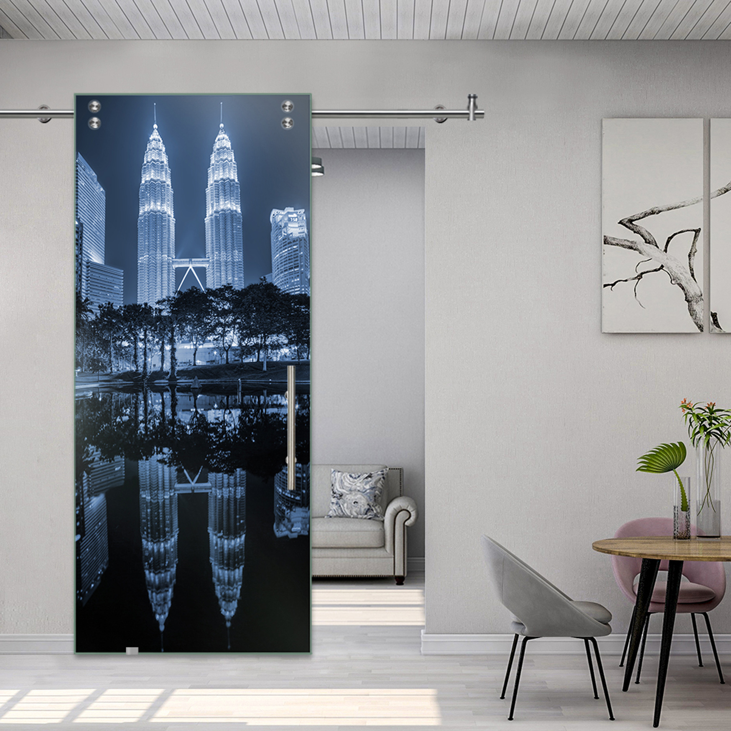 Digital Printing Sliding Barn Glass Door with Stainless Steel Hardware & T-handle (Petronas Twin Towers)