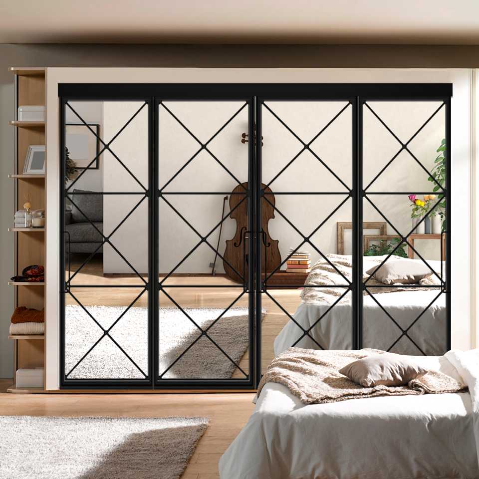 Iron / Metal Frame Mirror Bypass Closet Door with Hardware Kit 4 Leaf 4MGC - 8985