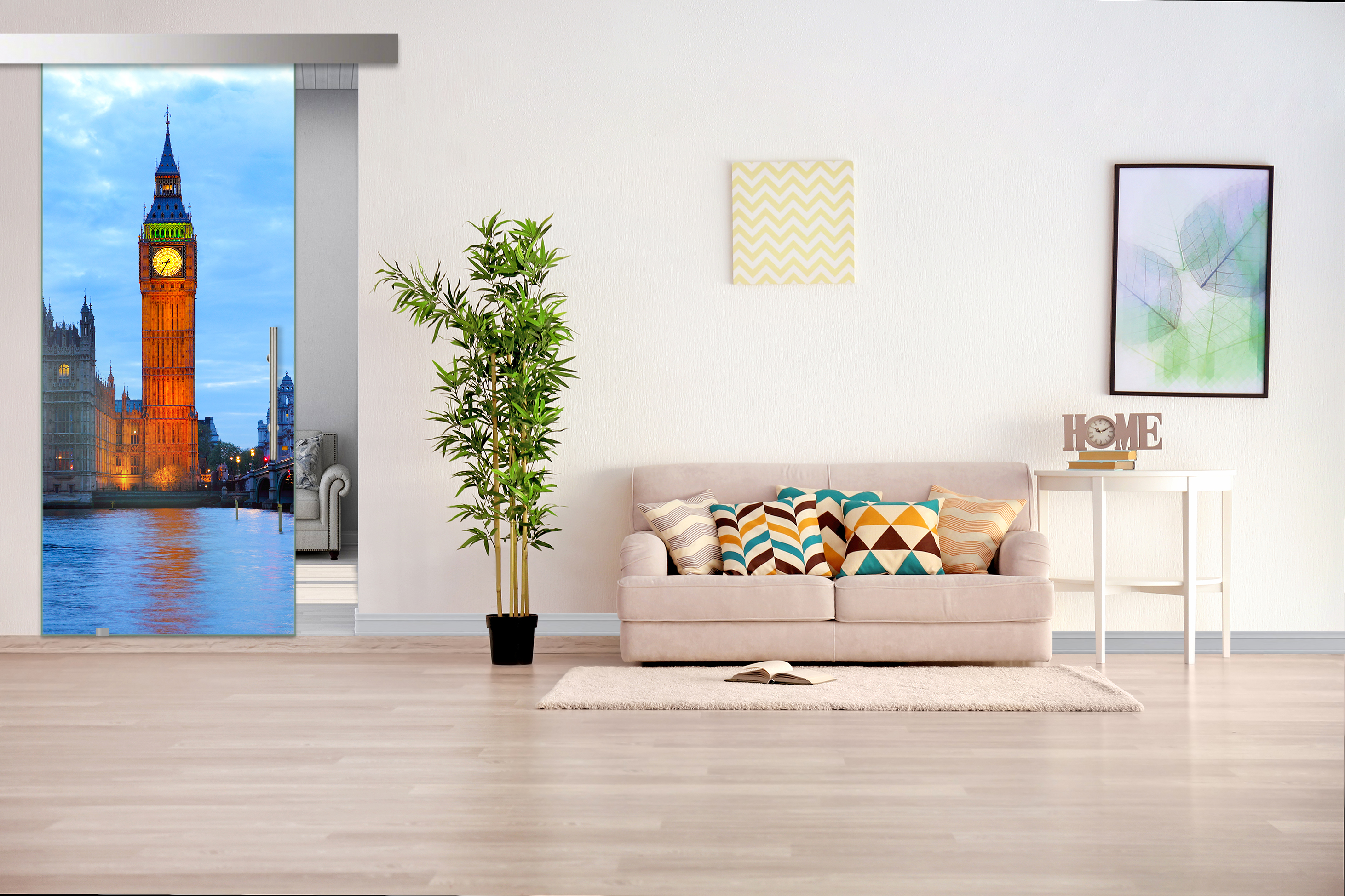 Frameless Sliding Glass Barn Door  with Digital Printing + Alu Gray Hardware (T-Handle)