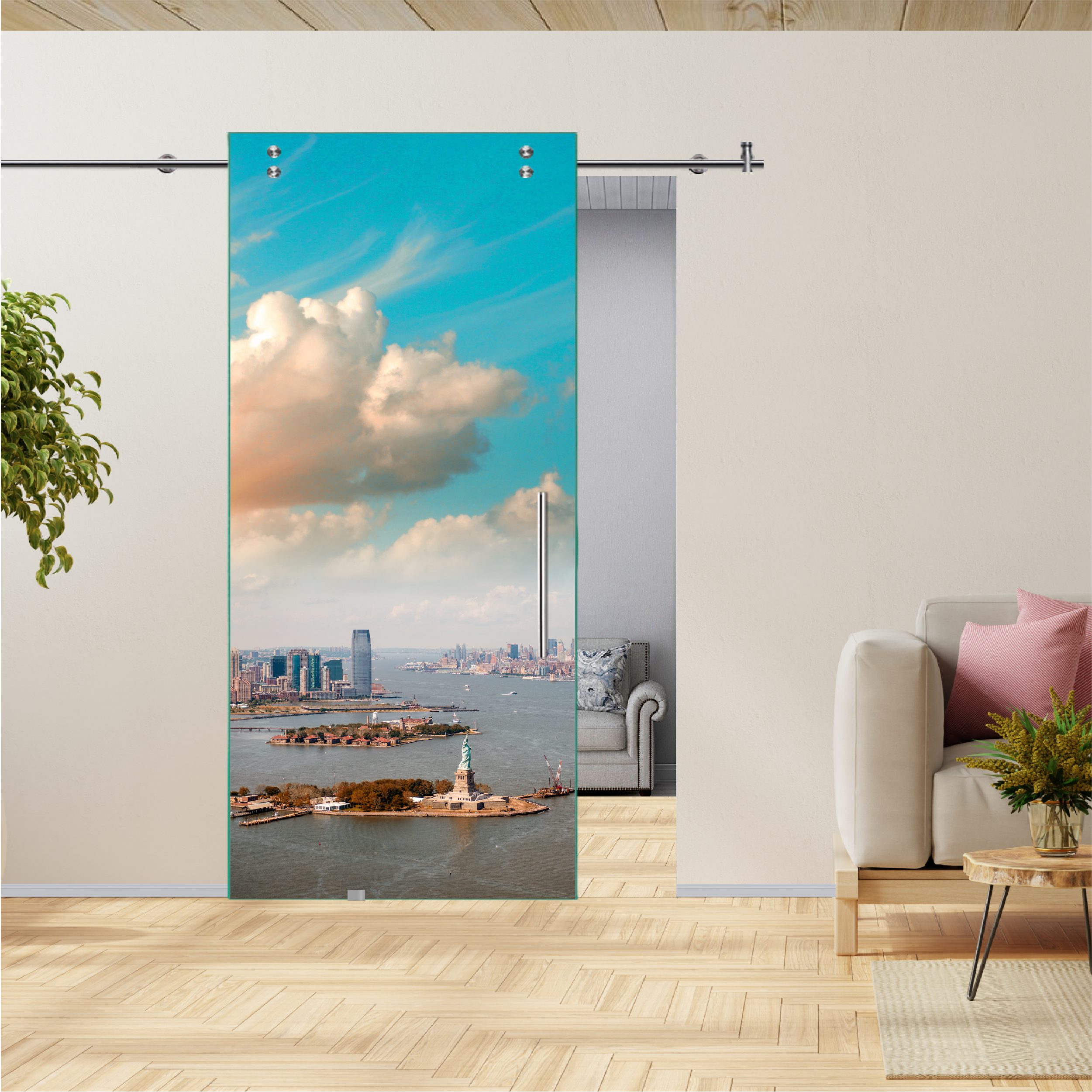 Digital Printing Sliding Barn Glass Door with Stainless Steel Hardware & T-handle (New York. Statue of Liberty, Manhattan)
