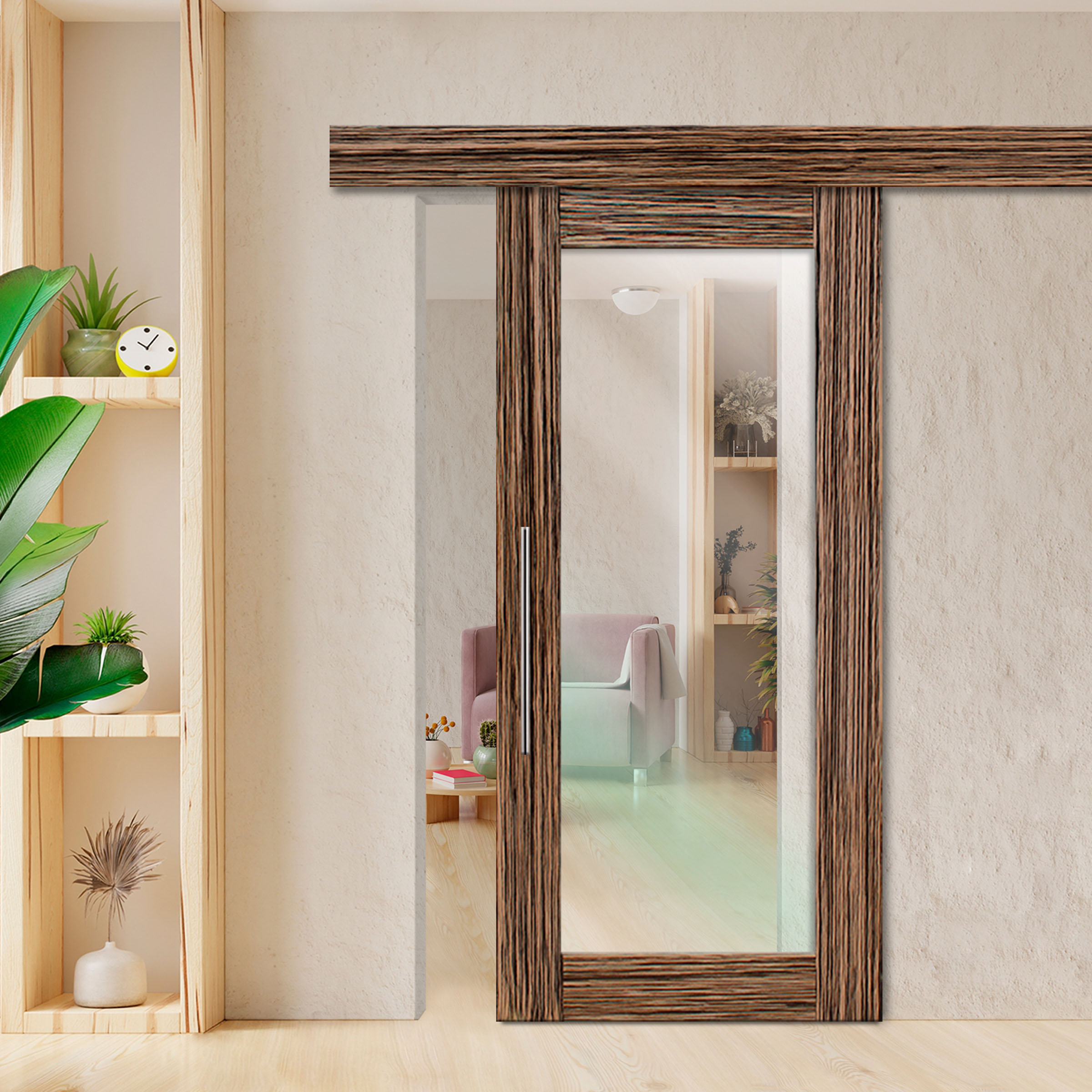 Zebrano Veneered Sliding Clear Barn Door with Fascia Cover