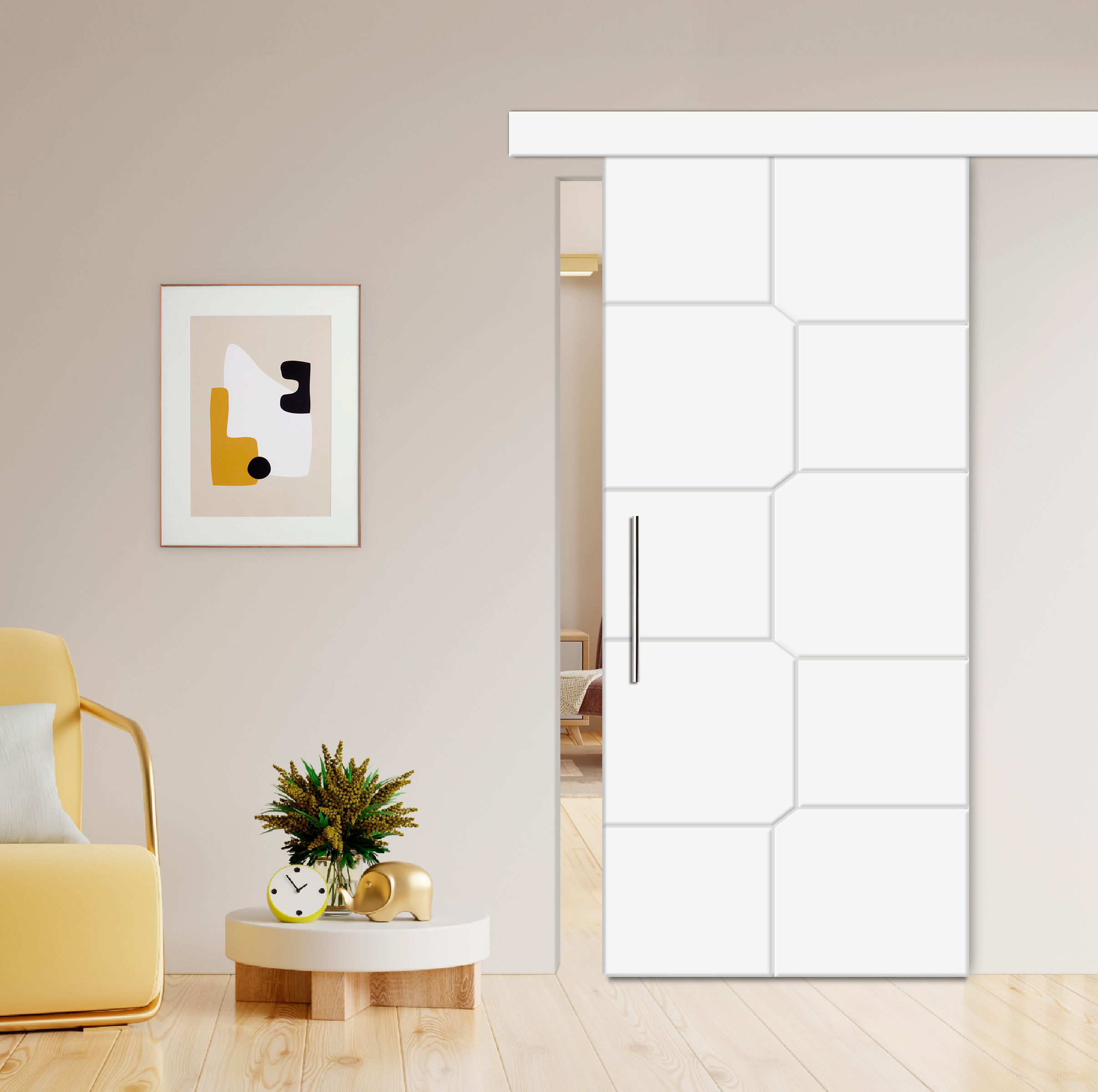 Flush Sliding Barn Door with CNC Engraving CCD-7698 White (Stainless steel)