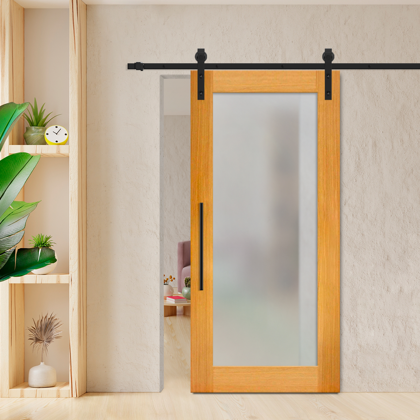 Real Solid Hardwood Sliding Barn Door with Glass Insert