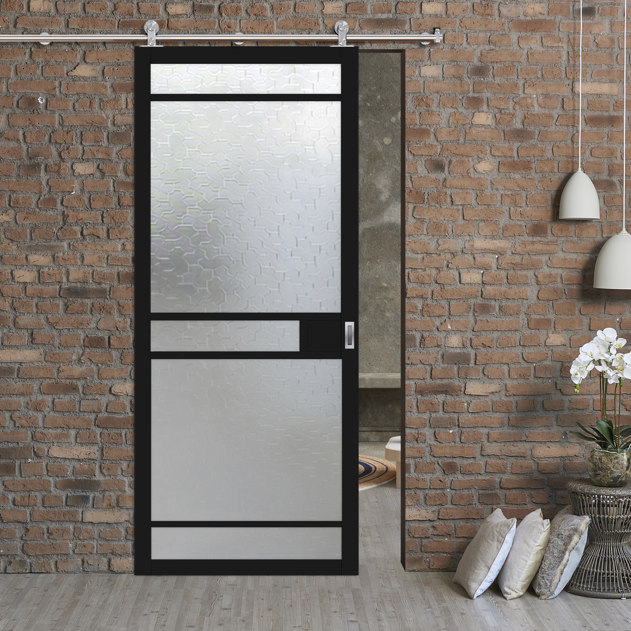 Loft Style Sliding Barn Door with Glass Panel LSBD-3893