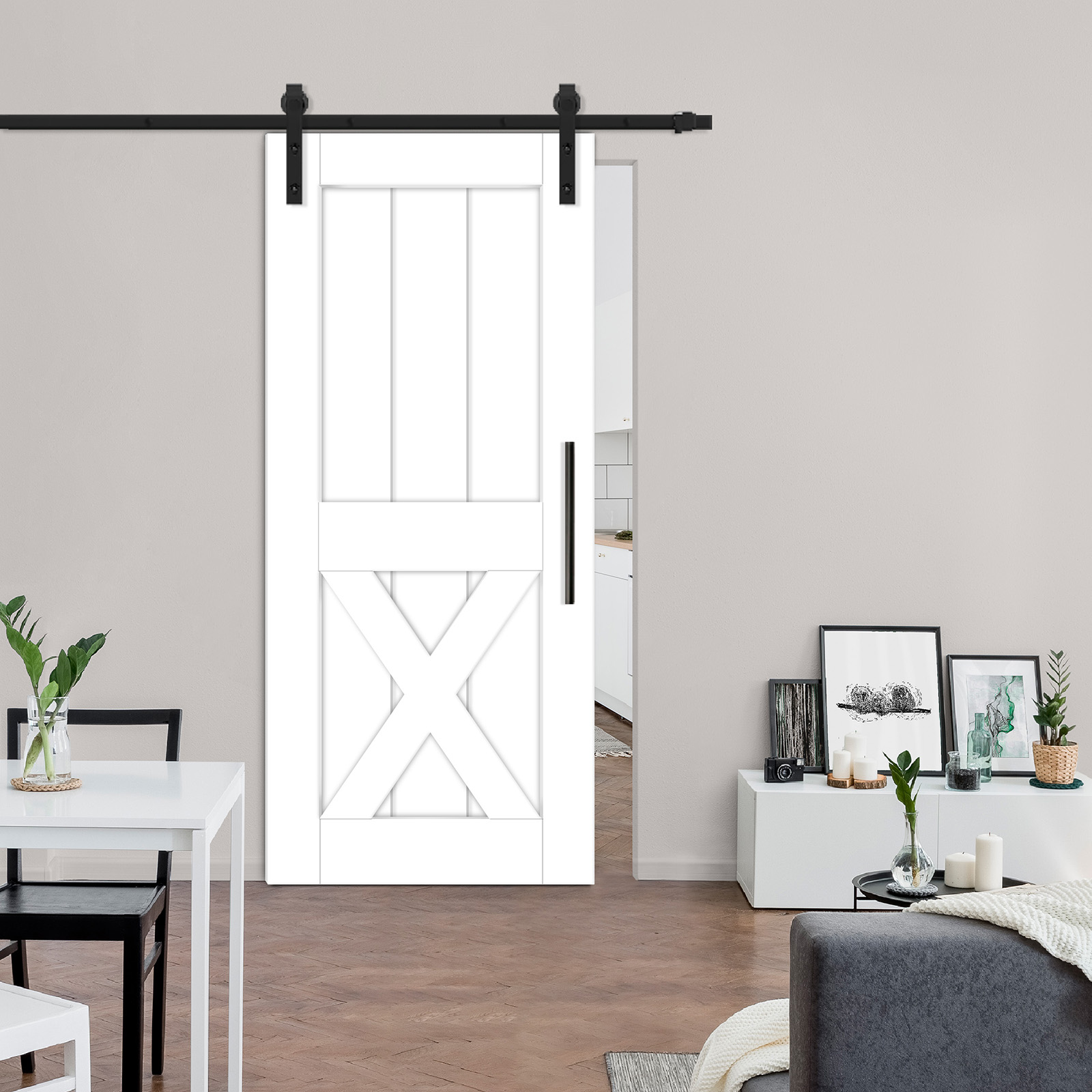 Half X Mirror Barn Door with Panel and Mirror on Back (White) Carbon Steel