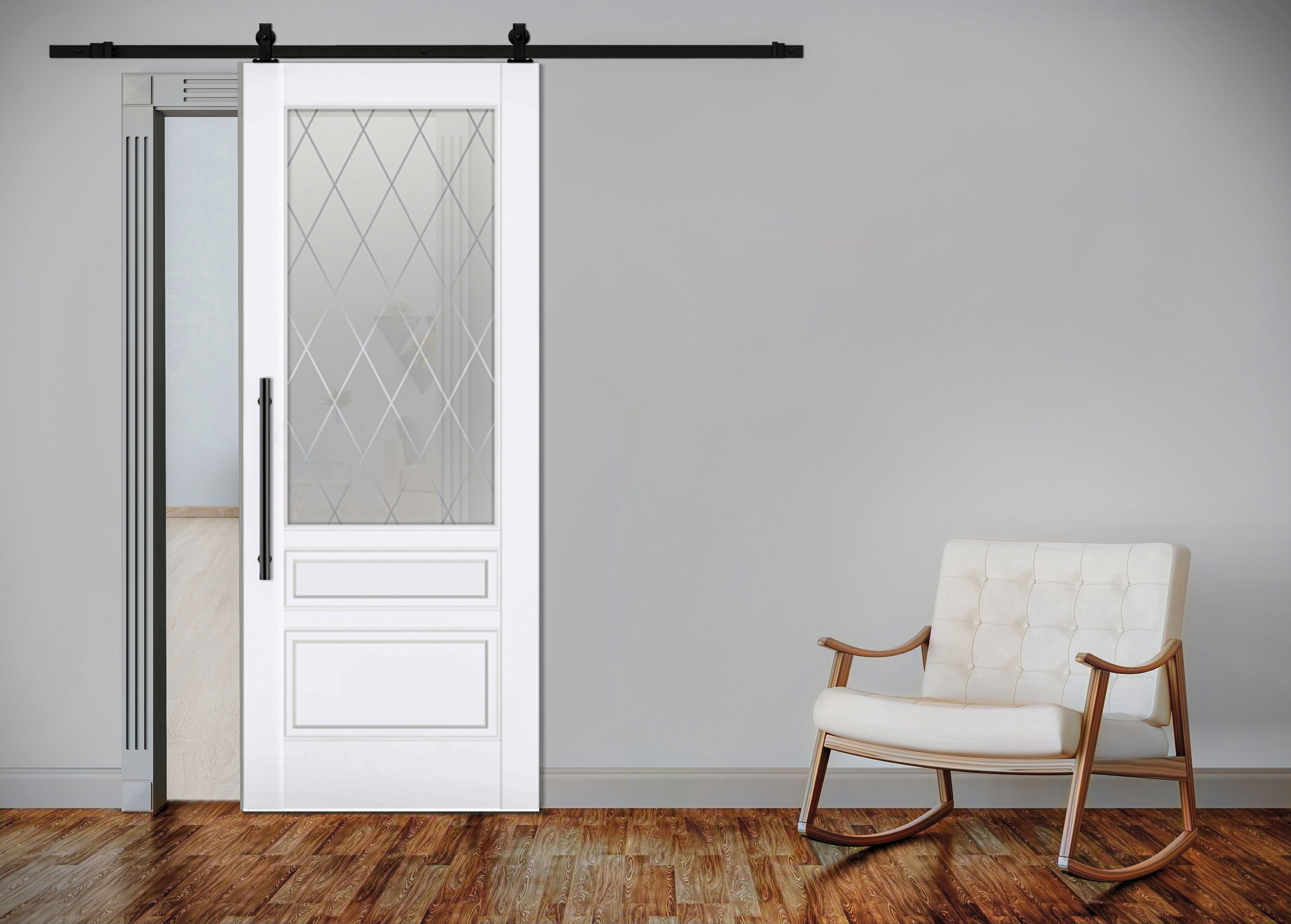 Sliding Wooden Barn Door with Frosted Glass Insert and Vintage Design WGD-4114