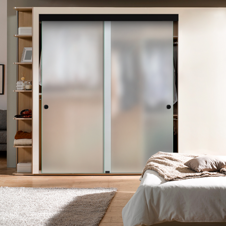 Frameless 2 Leaf Sliding Closet Bypass Glass Door Cover Plate Black (Full-private)