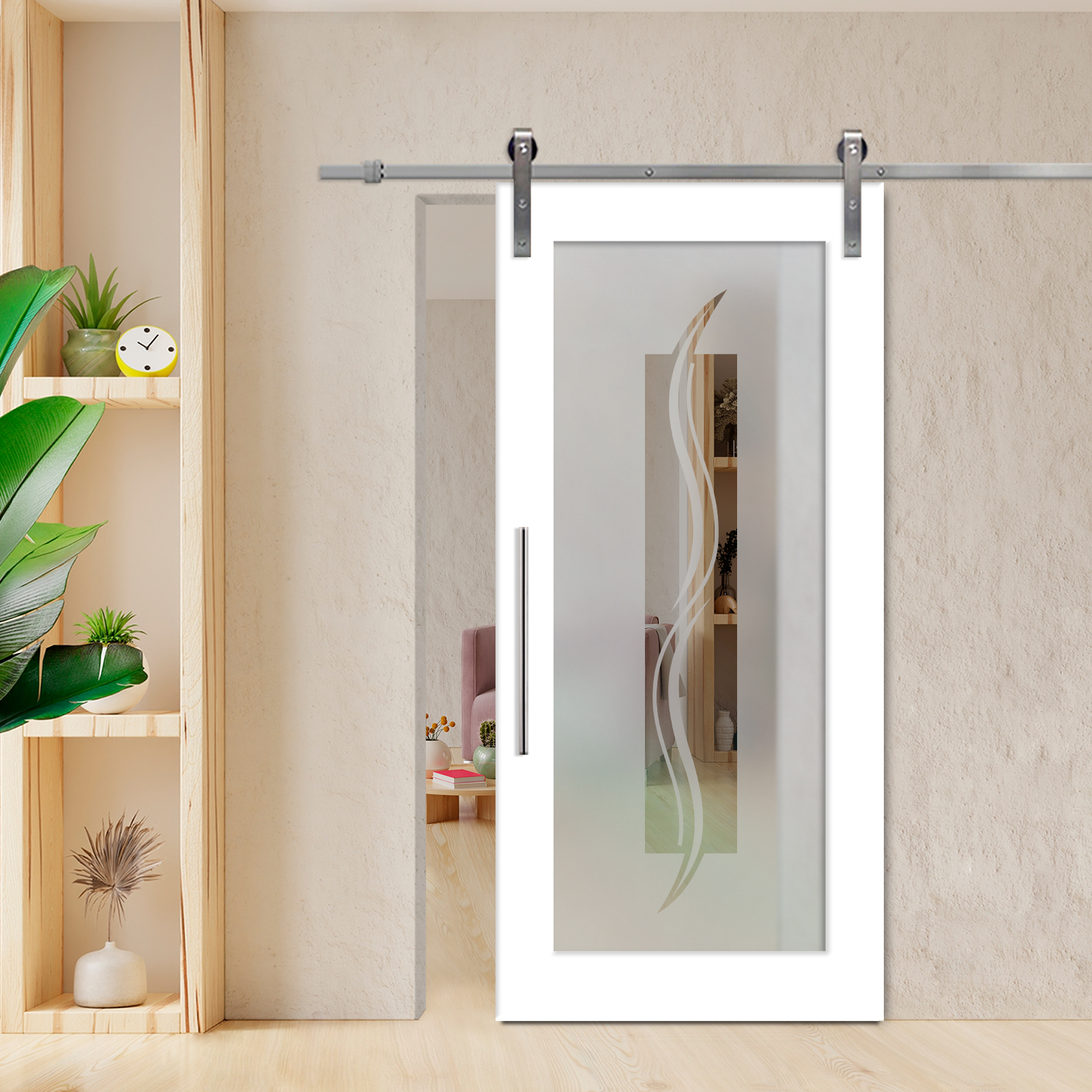1 Lite Sliding Barn Door with Glass Insert (Stainless Steel Hardware - Semi Private)
