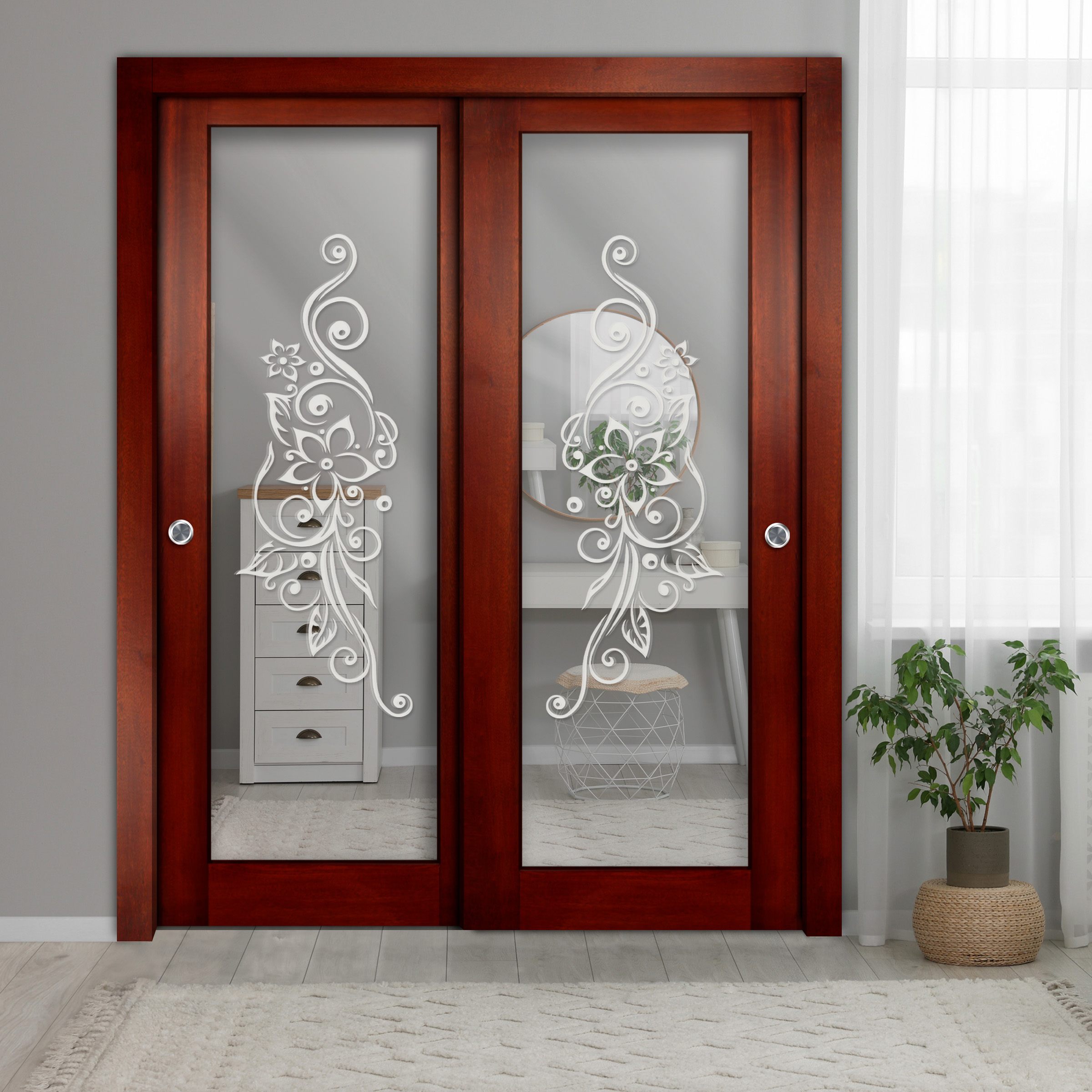2- Leaf Real Wood Sliding Closet Bypass Door with Mirror Insert & Frosted Design (With Casign)