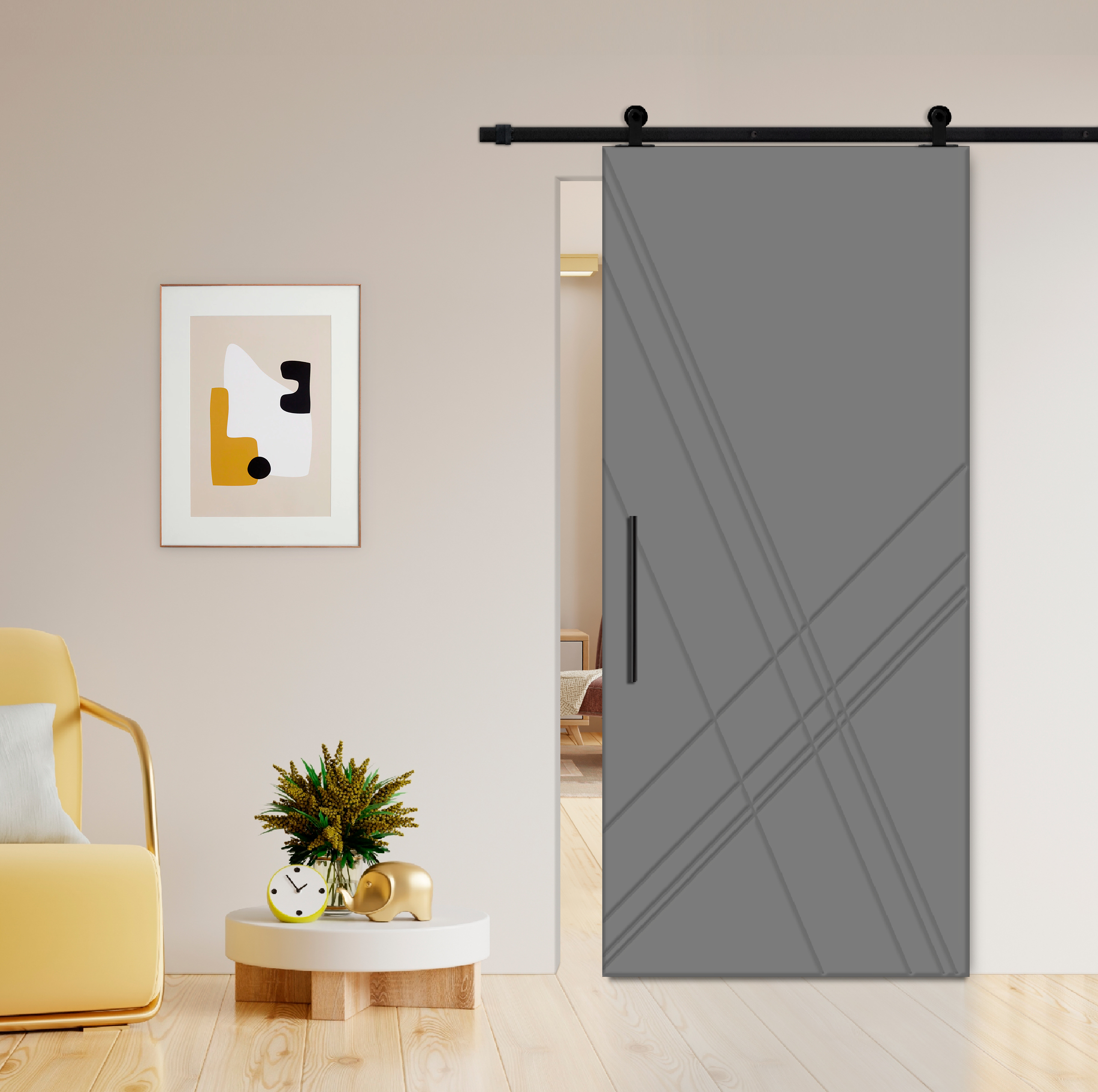 Flush Sliding Barn Door with CNC Engraving CCD-7698 Grey (Carbon steel)