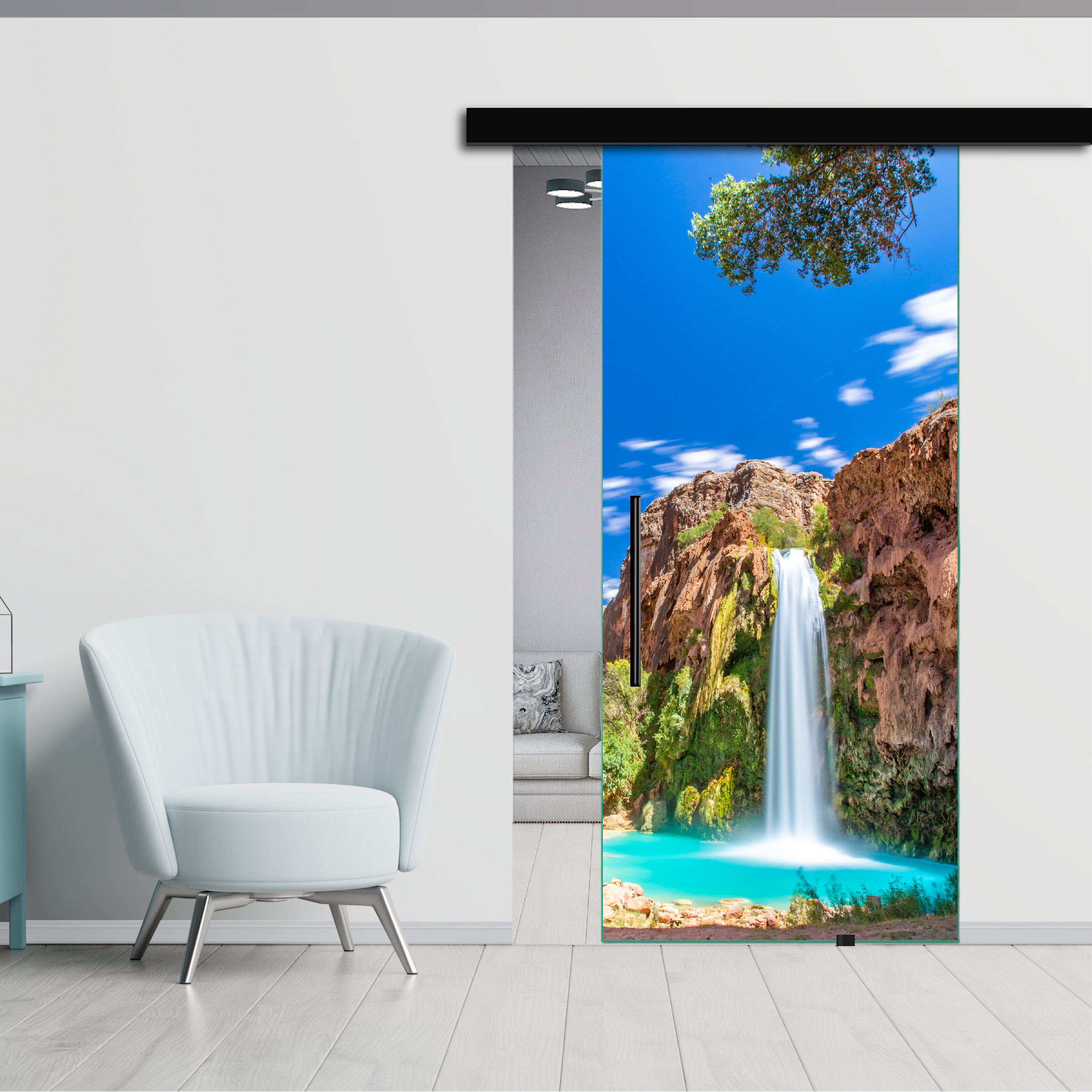 Frameless Sliding Glass Barn Door with Digital Printing + Black Hardware (T-Handle)