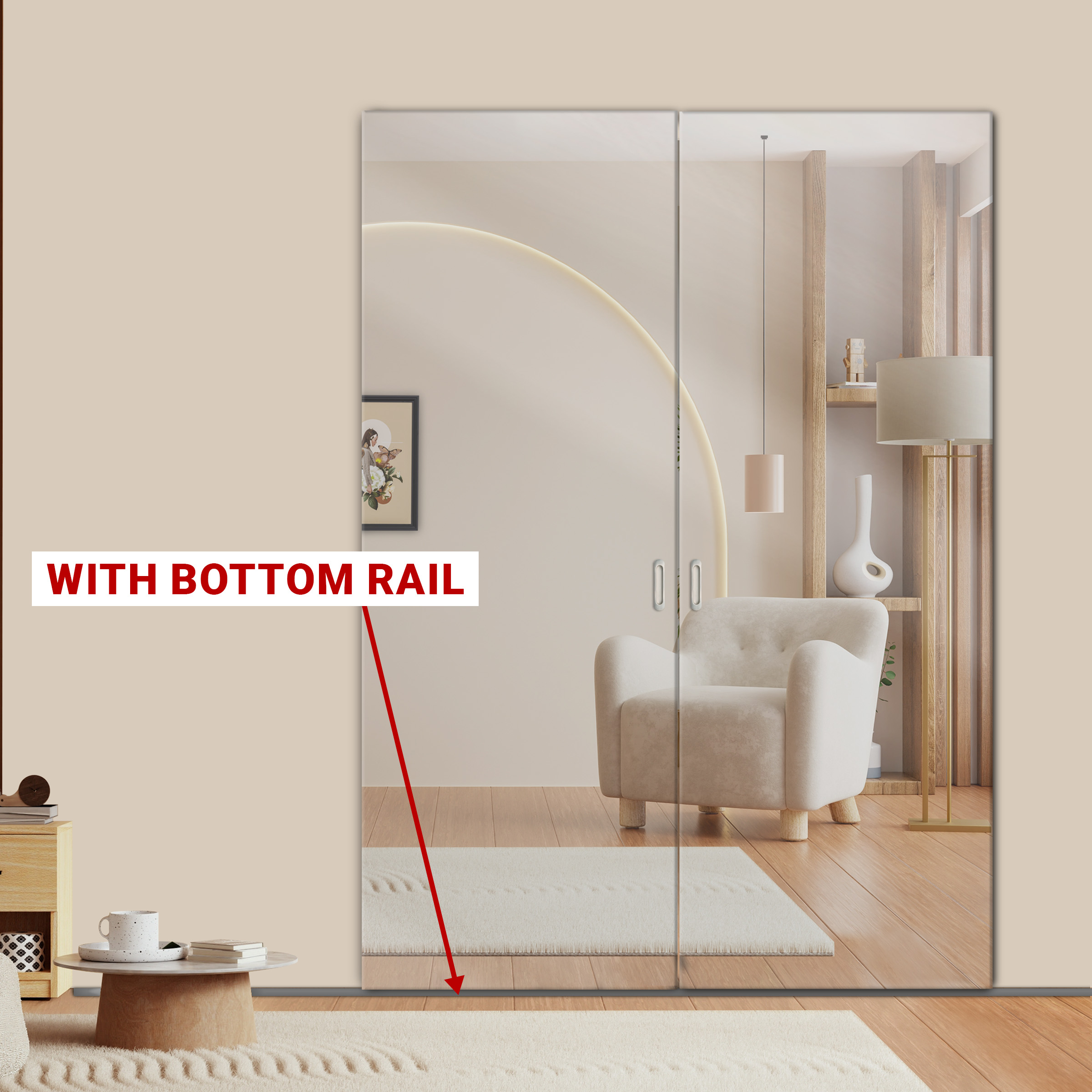 2 Leaf Frameless Mirror Sliding Door with Hidden / Invisible Hardware 2MMD-4109