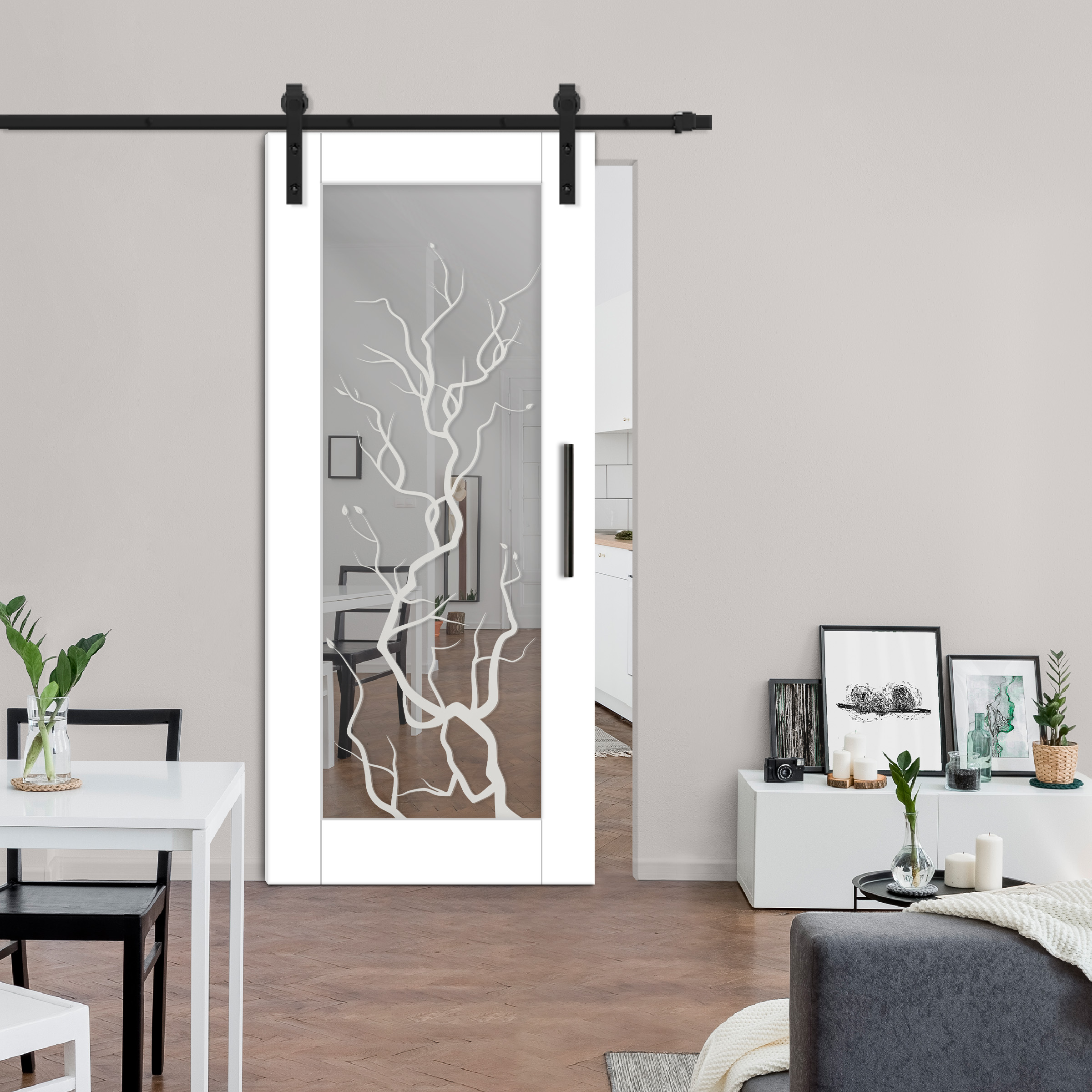 Sliding Barn Door with mirror insert (frosted design) and carbon steel sliding system
